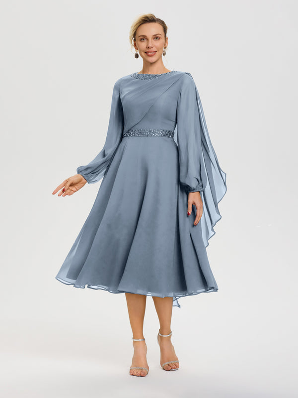 Tea Length Dusty Blue Mother Of The Bride Dresses Elegant A-Line Beadi