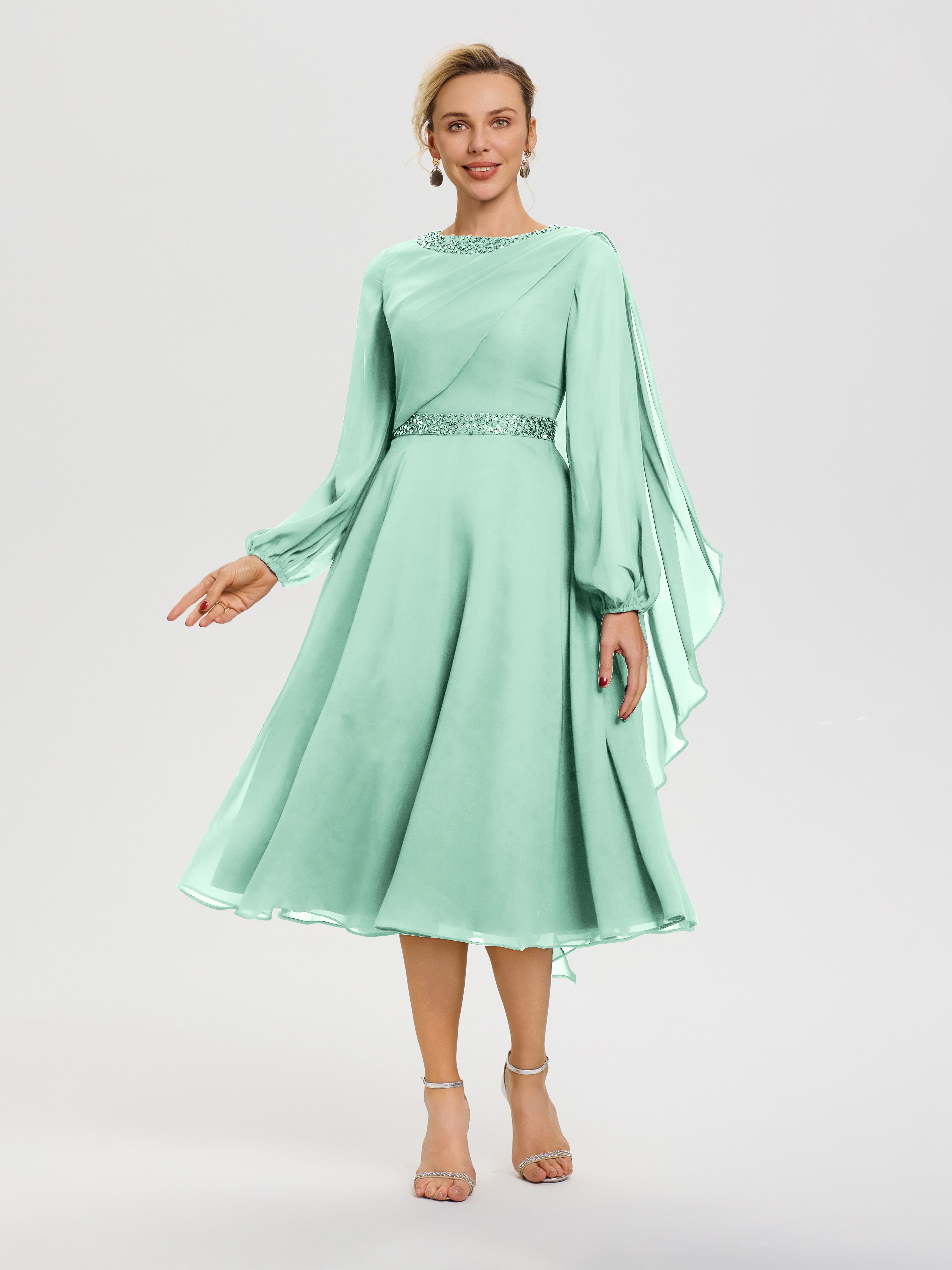 Mint Green Mother Of Bride Dresses Elegant A-Line Beading Long Sleeves