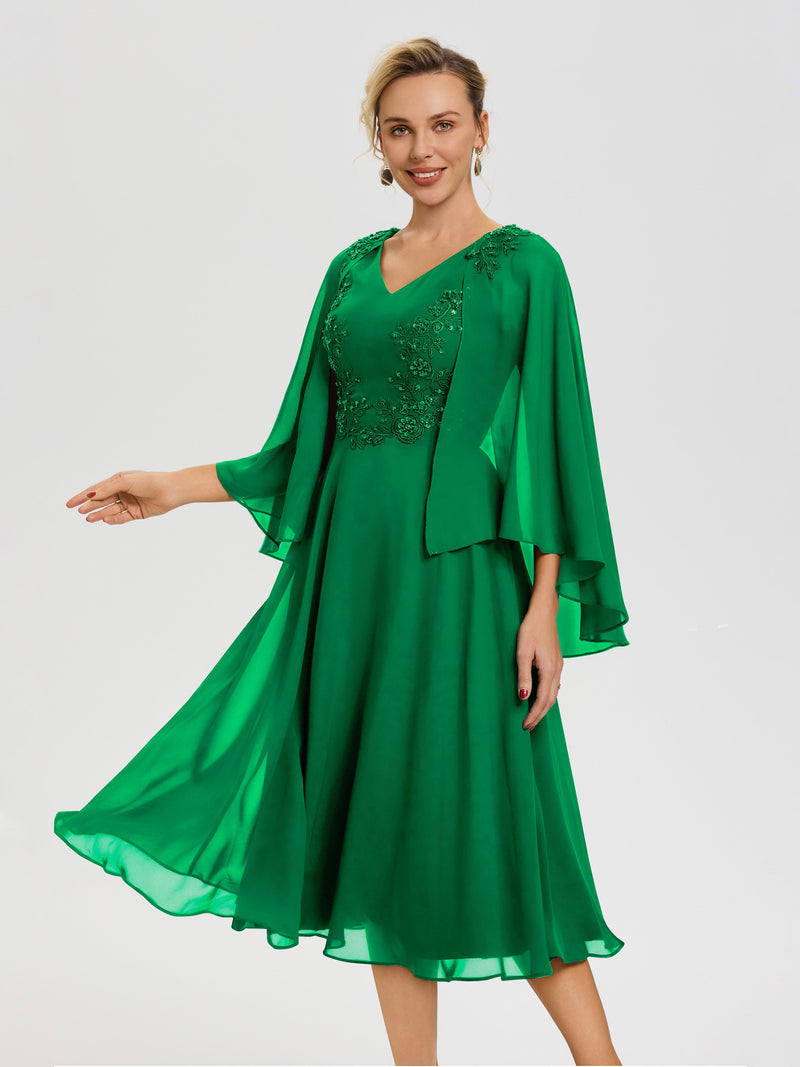 Mother Of The Bride Emerald Green Dresses A-Line Appliques 3/4 Sleeves