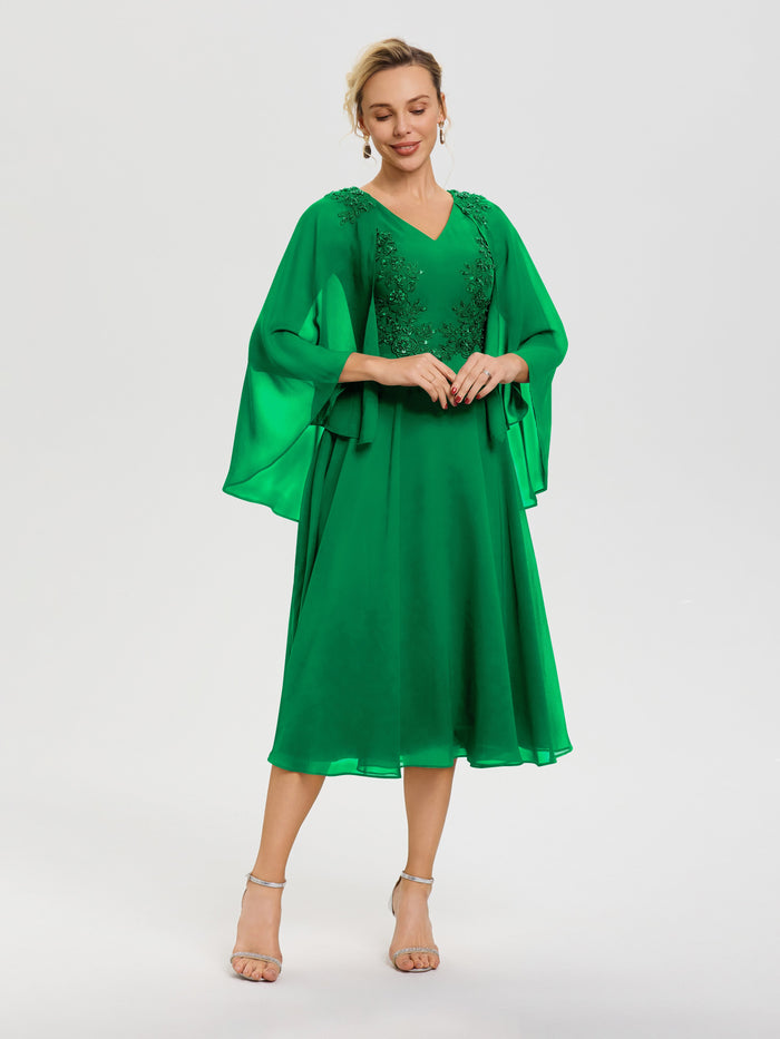 Mother Of The Bride Emerald Green Dresses A-Line Appliques 3/4 Sleeves
