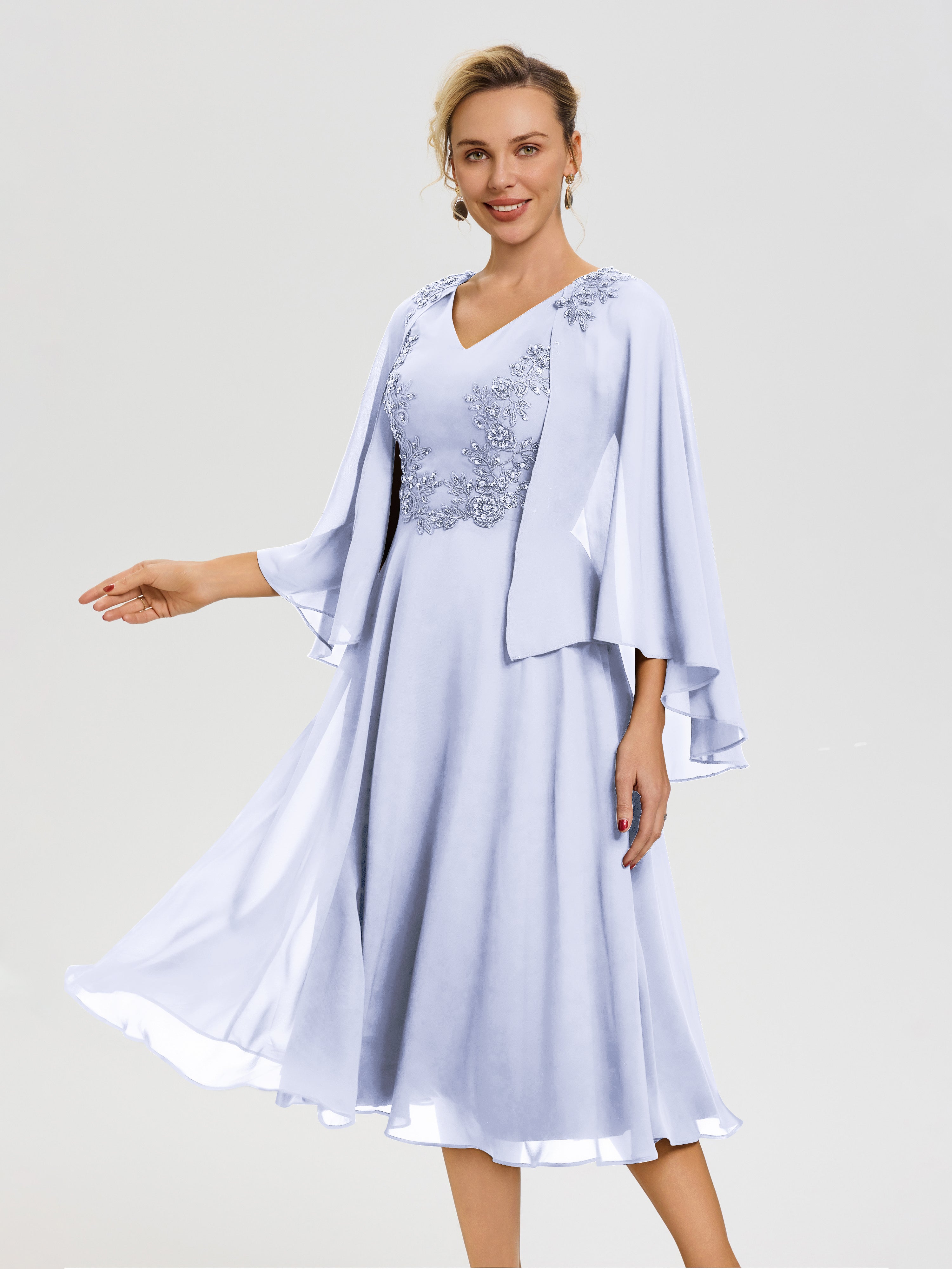 Mother Of The Bride Dress Lavender A-Line Appliques 3/4 Sleeves V-Neck