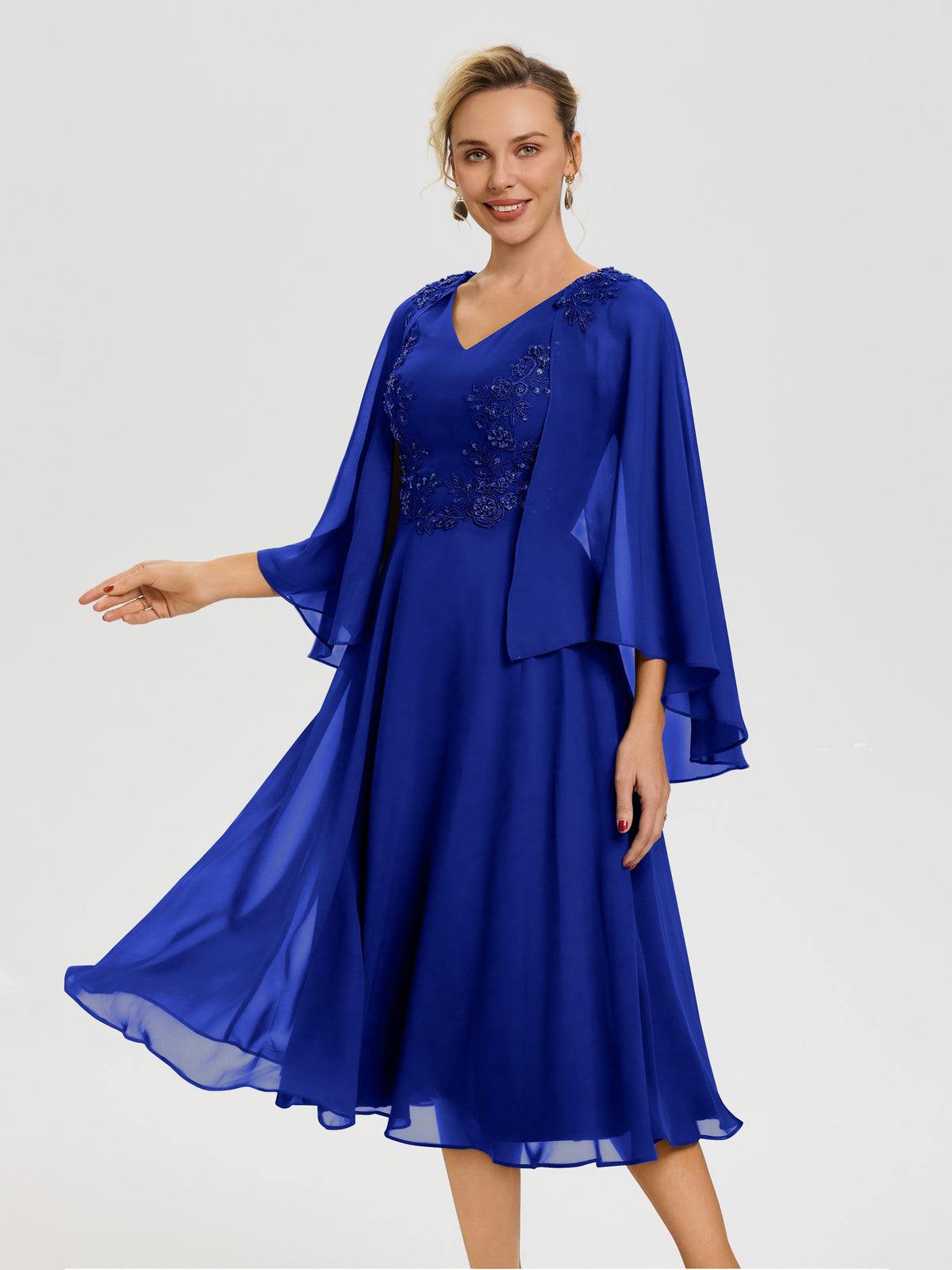 Royal Blue Mother Of Bride Dress A-Line Appliques 3/4 Sleeves V-Neck T