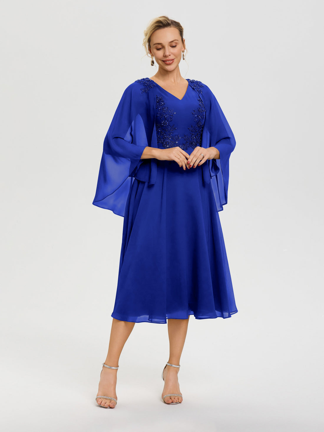 Royal Blue Mother Of Bride Dress A-Line Appliques 3/4 Sleeves V-Neck T
