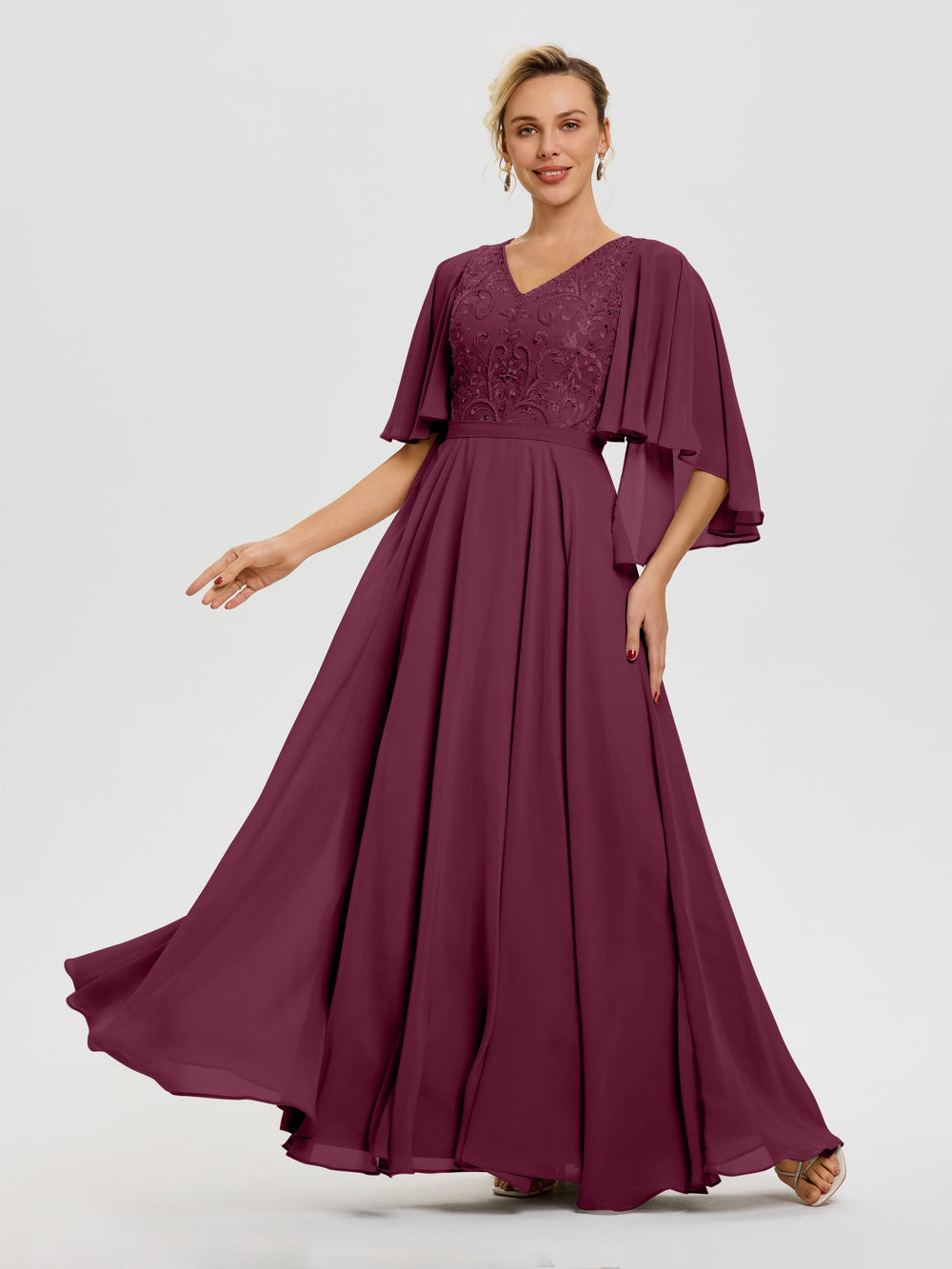 V-neck Chiffon Dresses with Half Sleeves Mulberry
