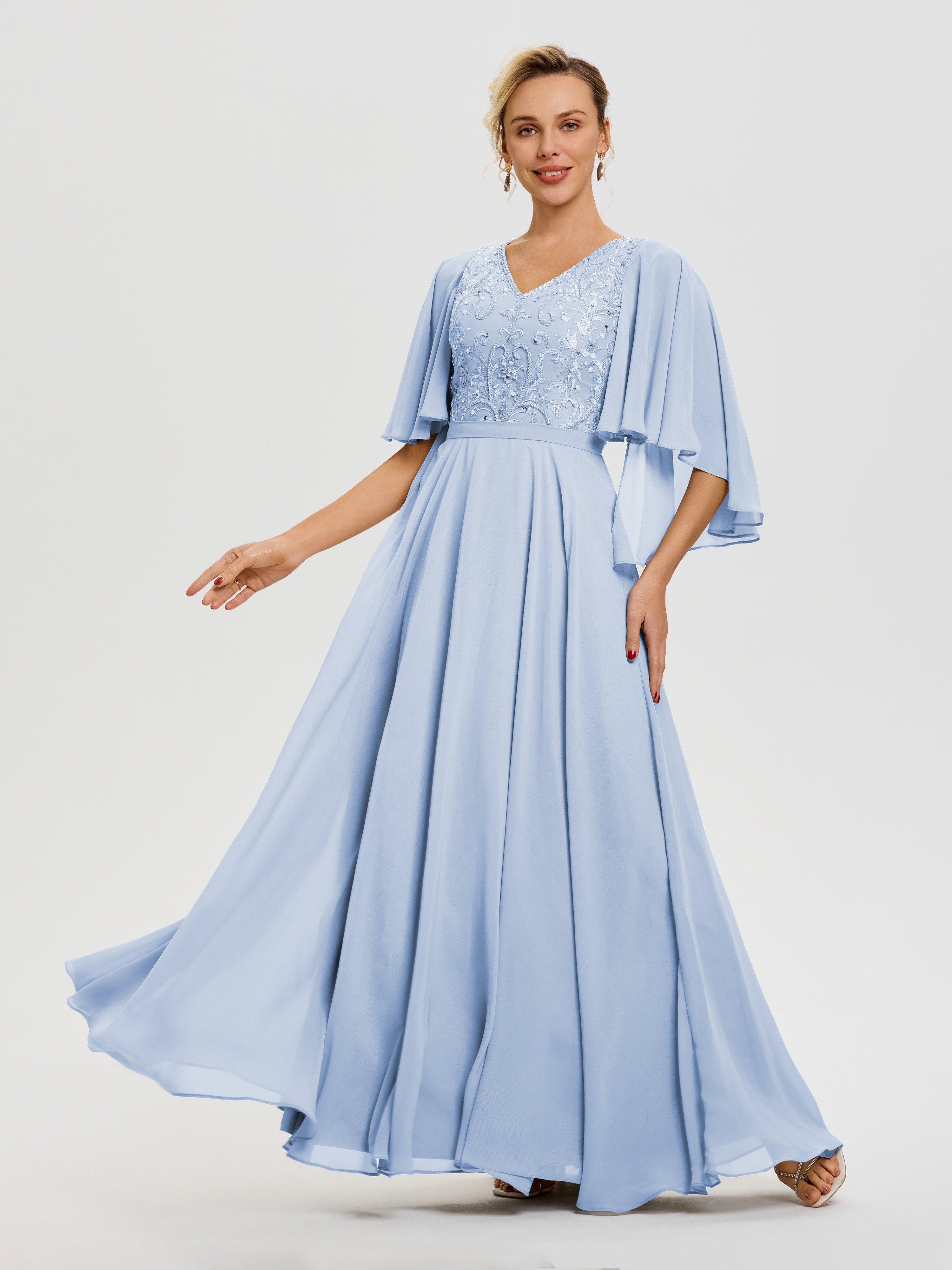 Sky Blue Mother Of The Bride Outfits V-Neck A-Line Half Sleeves Ruched