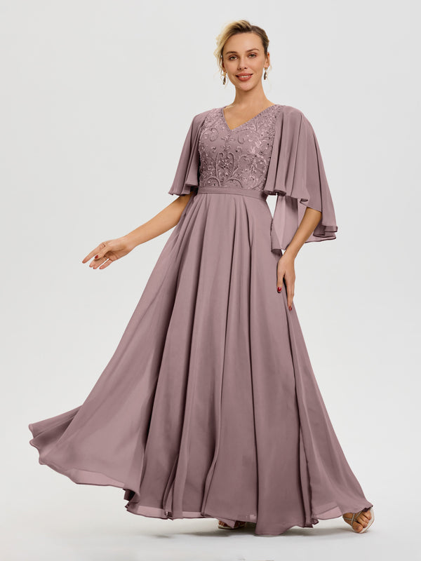 Regency Mother Of The Bride Dresses V-Neck A-Line Half Sleeves Ruched Zipper Long Chiffon Mother Of The Bride Dress