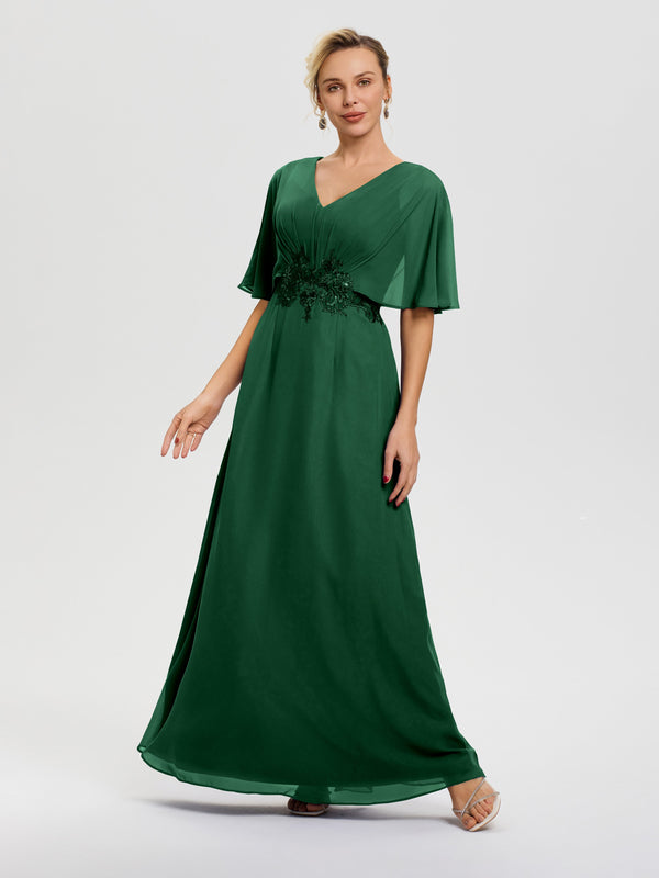 Dark Green Mother Of Groom Dress V-Neck Appliques A-Line Half Sleeves
