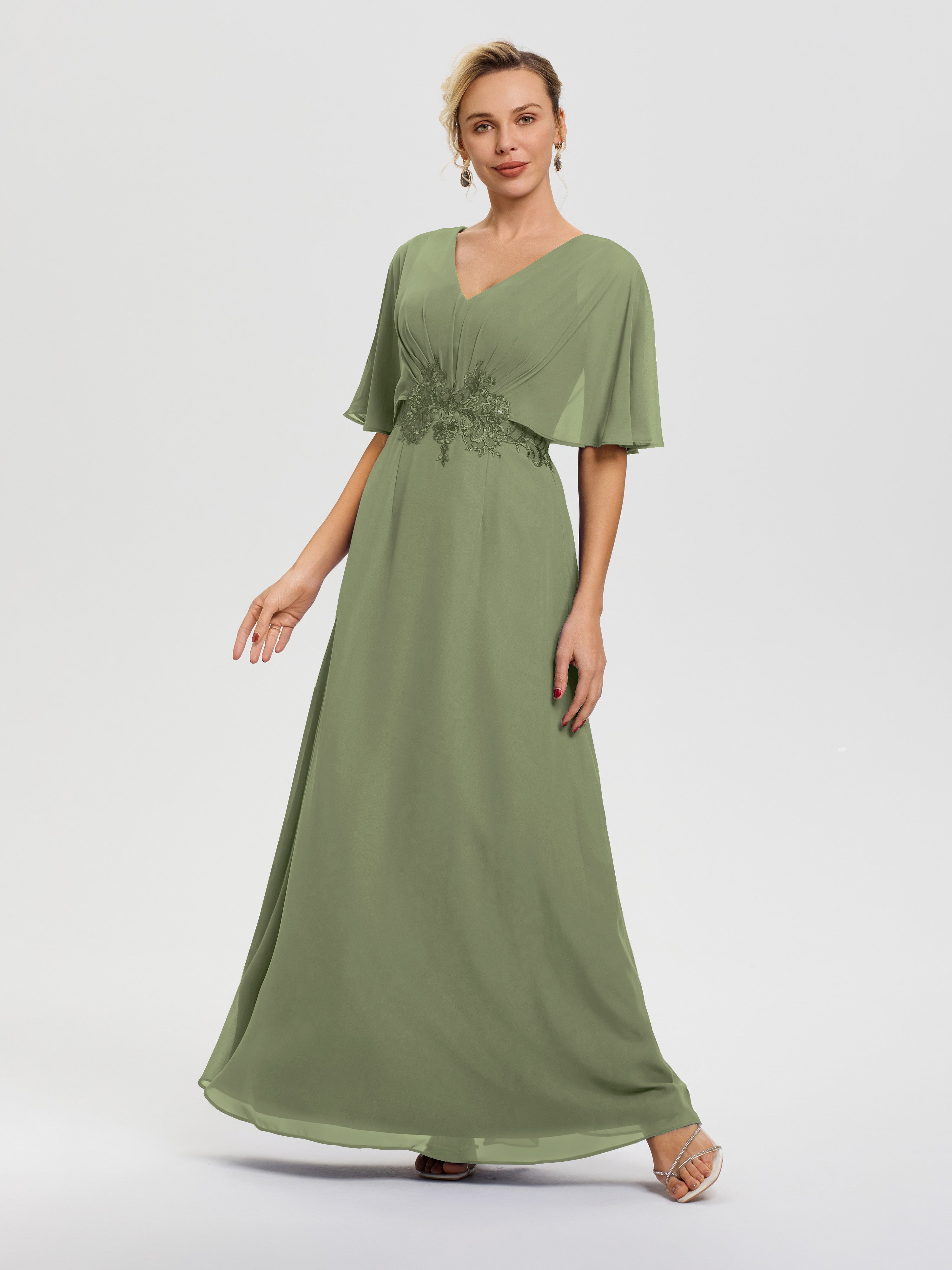 Olive Green Mother Of The Groom Dress V-Neck Appliques A-Line Half Sle
