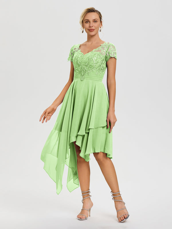 Sage Green Mother Of The Bride Dress Asymmetrical Sleeves A-Line V-Nec