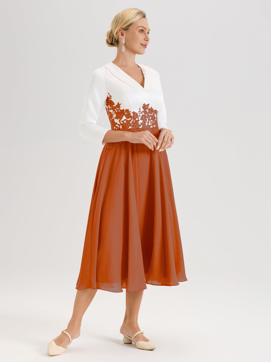 Cicinia Burnt_Orange Mother Of The Bride Dresses Satin Top Sleeves Lace Appliques Chiffon Tea Length A-Line