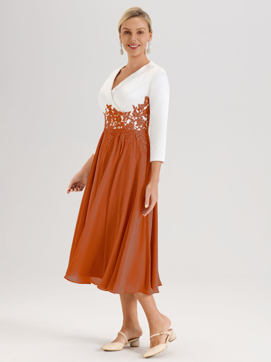 Cicinia Burnt_Orange Mother Of The Bride Dresses Satin Top Sleeves Lace Appliques Chiffon Tea Length A-Line