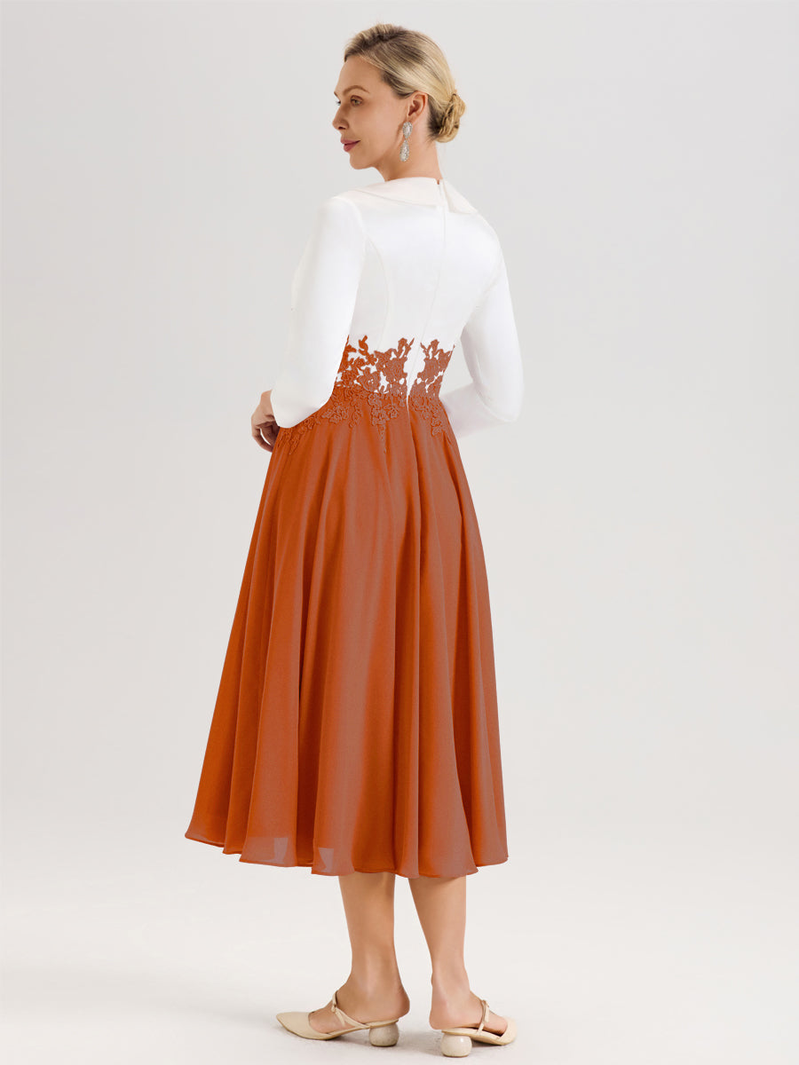Cicinia Burnt_Orange Mother Of The Bride Dresses Satin Top Sleeves Lace Appliques Chiffon Tea Length A-Line
