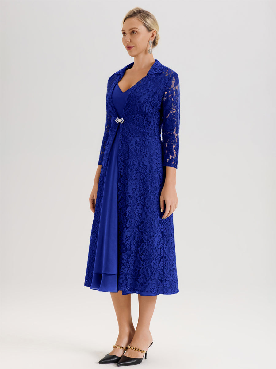 Cicinia Slate Blue Mother Of The Bride Dress Plus Size Long V-neck Lace Chiffon Ankle Length 3/4 Length Sleeves