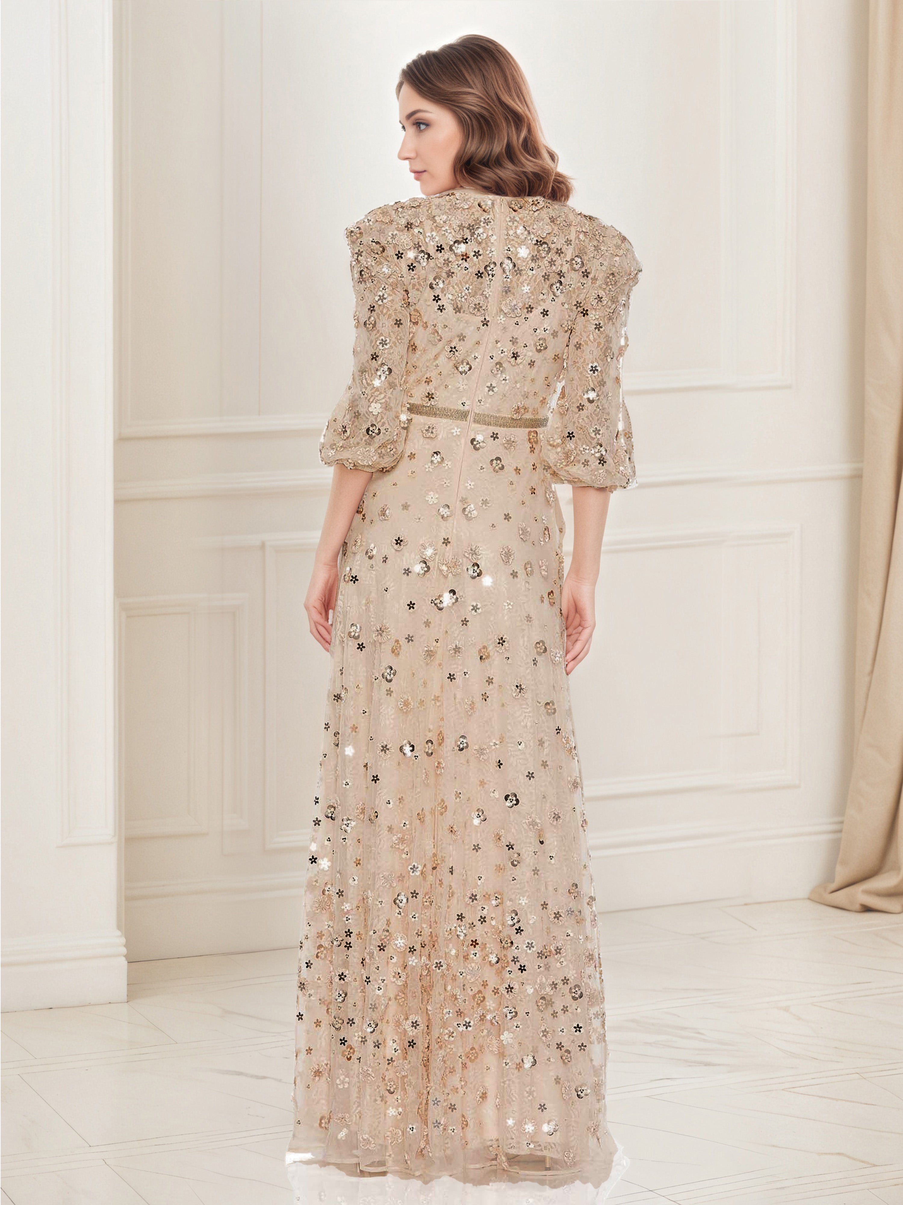 Champagne Women's Dress Floral Appliques 3/4 Sleeve A-Line Prom Dress