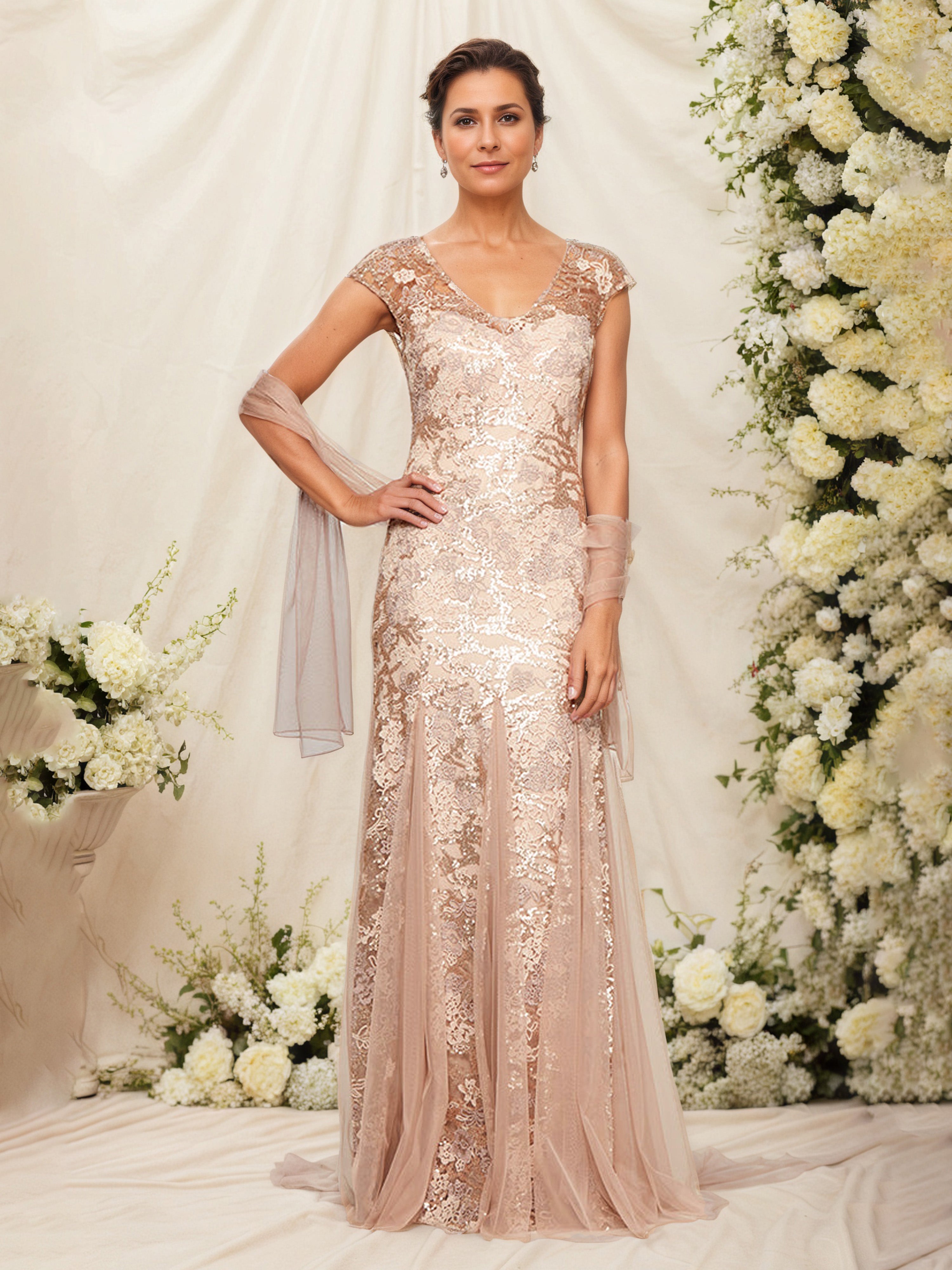 V Neck Long Cap Sleeve Embroidered Fit and Flare Mother Of The Bride Dress With Shawl