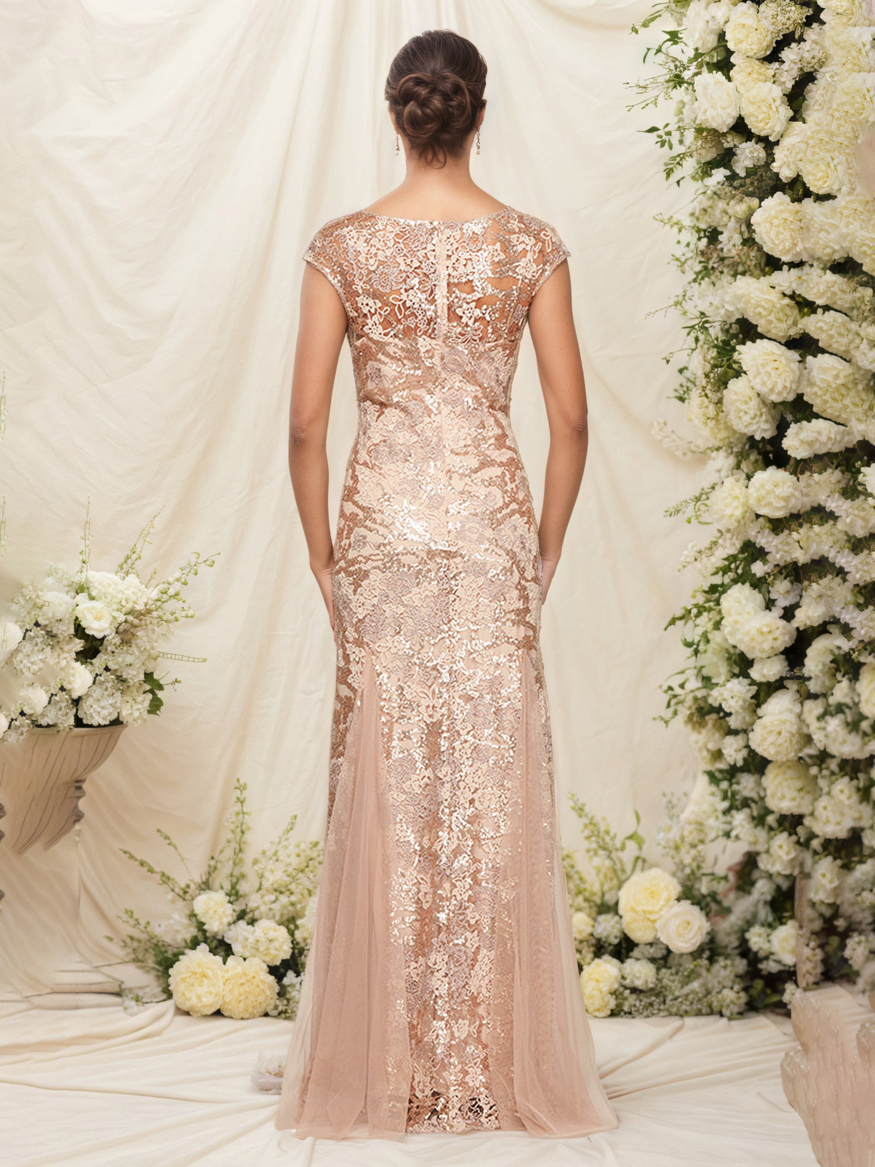 V Neck Long Cap Sleeve Embroidered Fit and Flare Mother Of The Bride Dress With Shawl