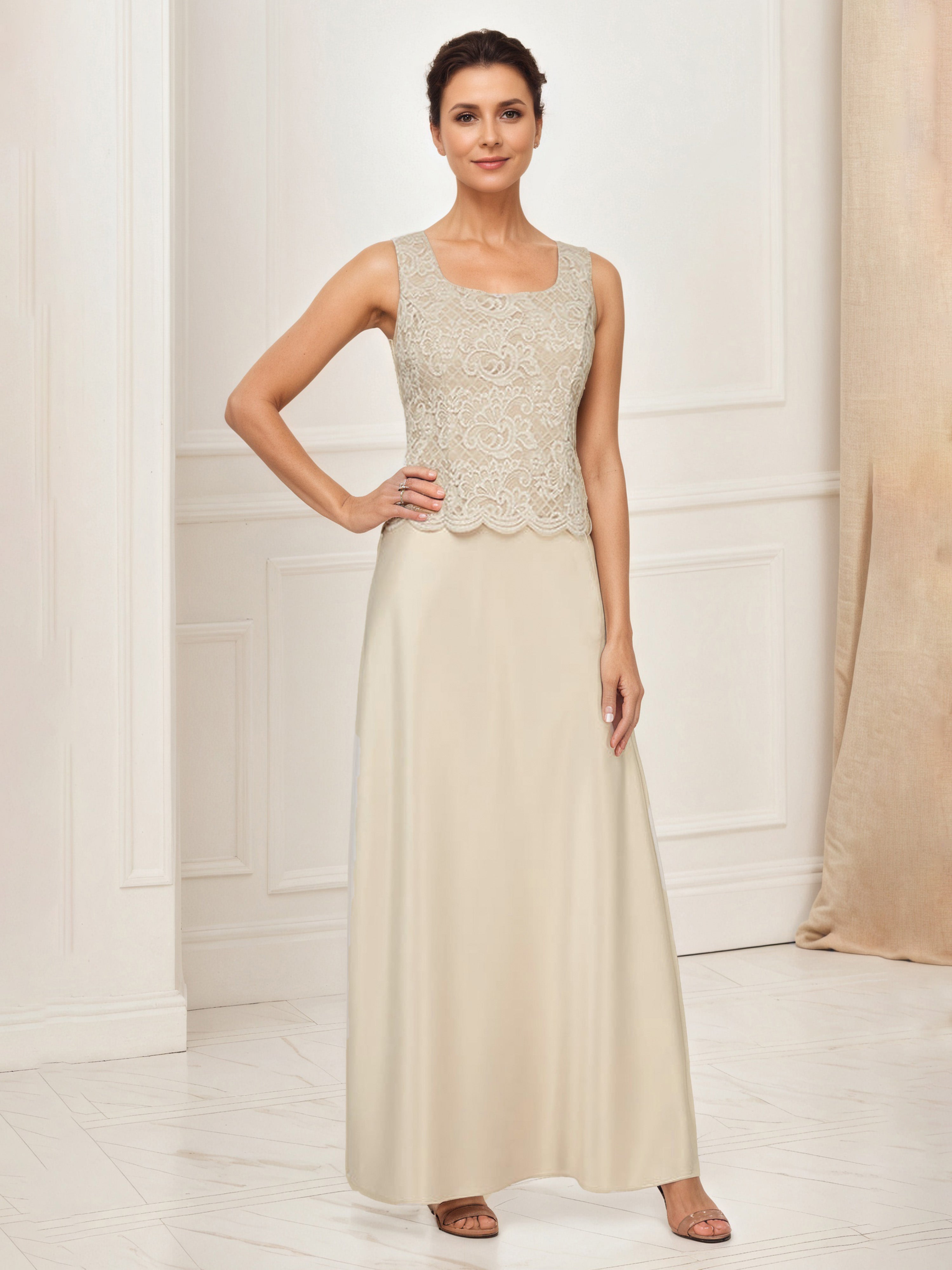 Glitter Lace Bodice Satin Champagne Mother Of The Bride Dress with Lace Jacket