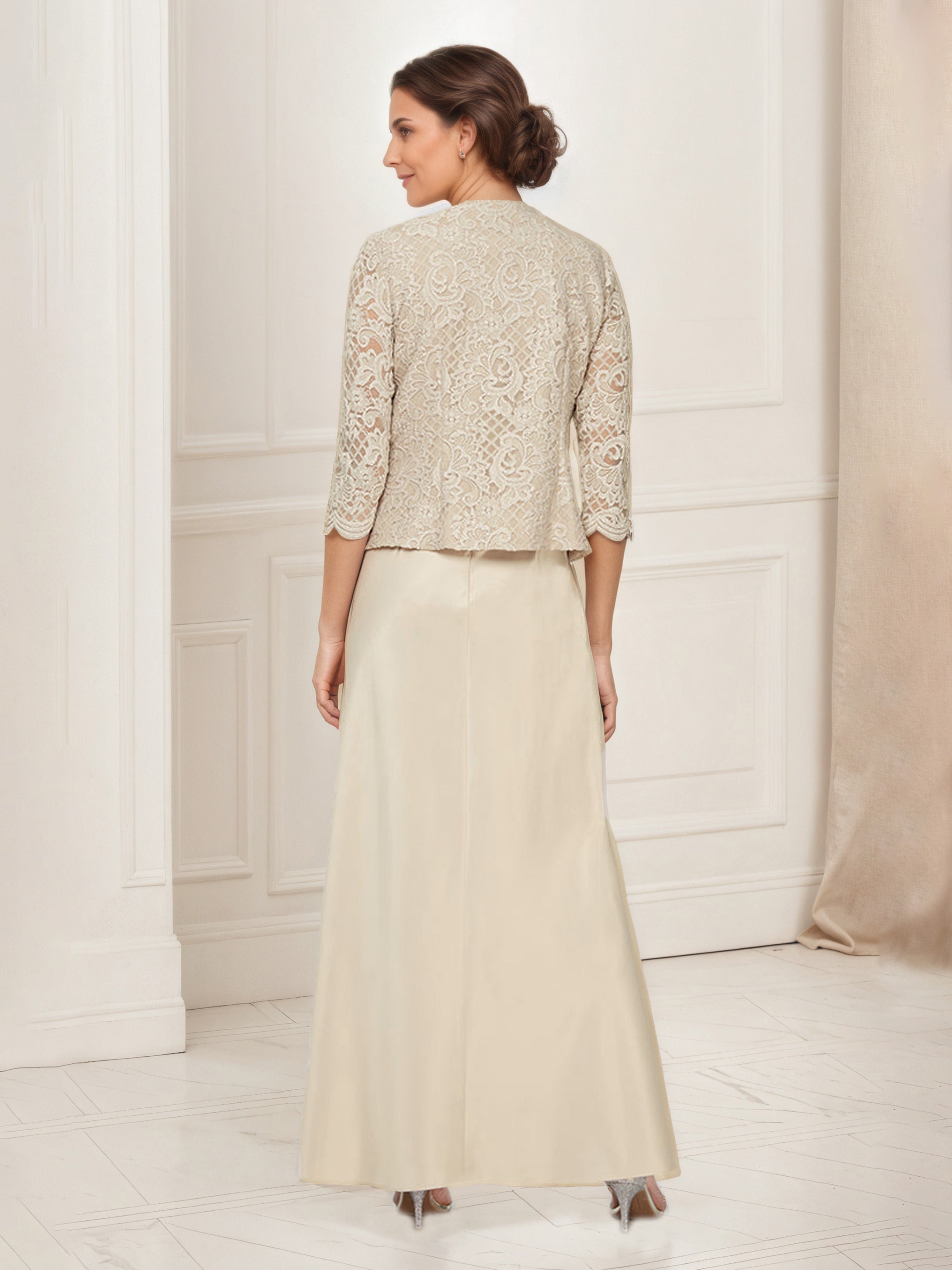 Glitter Lace Bodice Satin Champagne Mother Of The Bride Dress with Lace Jacket