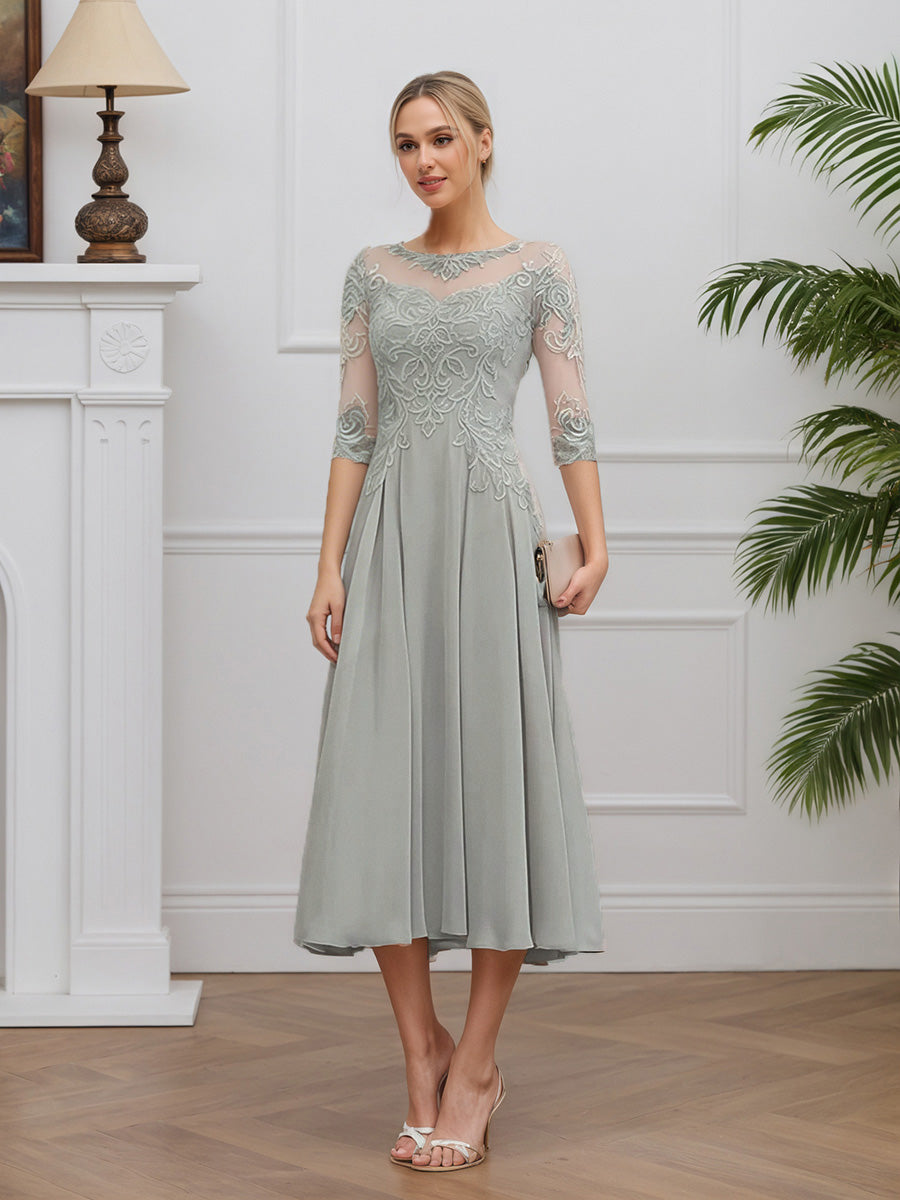 Cicinia Silver Mother Of The Bride Dresses Chiffon Lace A-Line Jewel Sleeves Tea Length