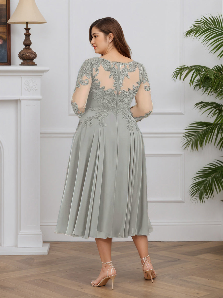 Cicinia Silver Mother Of The Bride Dresses Chiffon Lace A-Line Jewel Sleeves Tea Length Plus Size