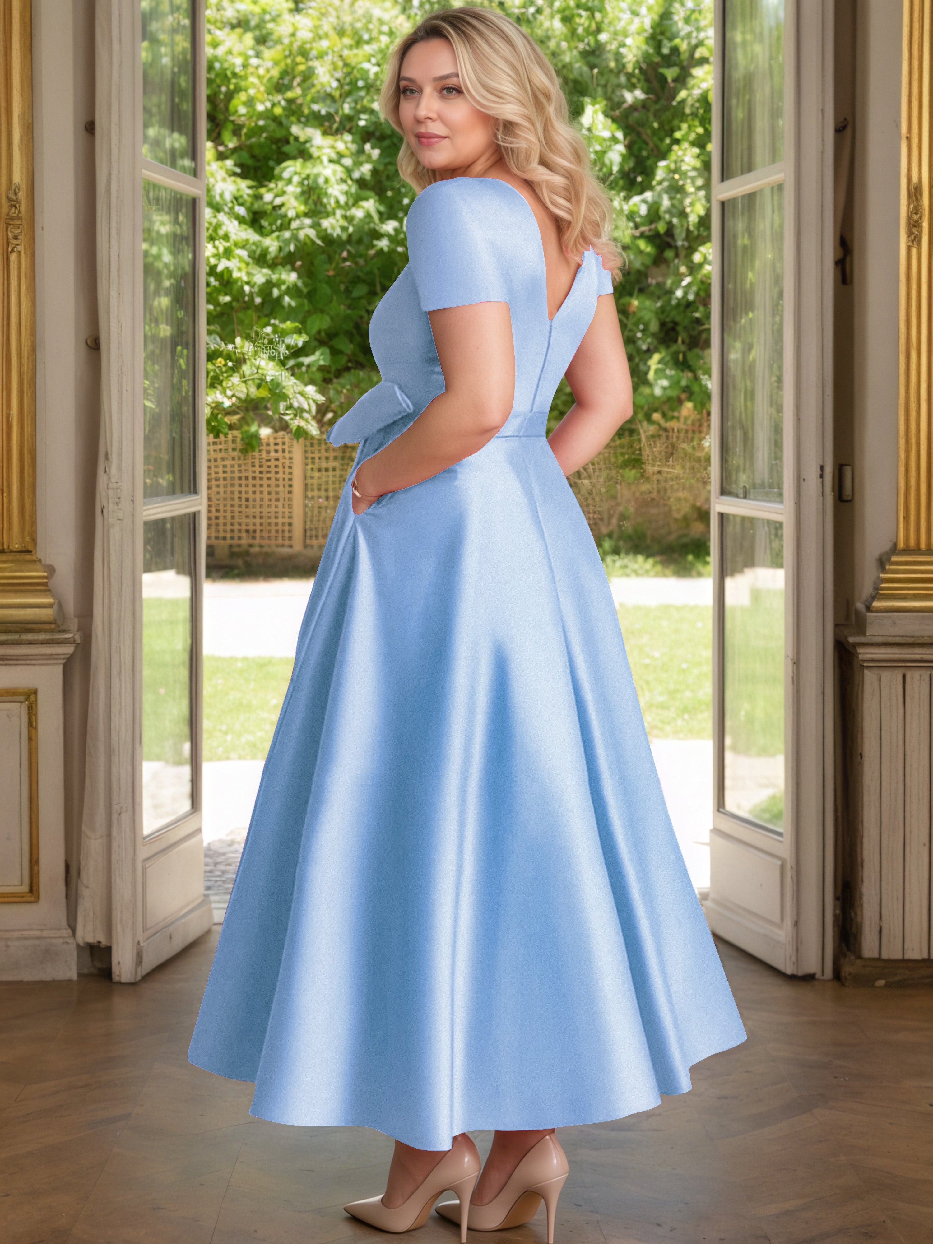 Cicinia Blue Mother Of The Bride Dress Satin Beading V-Neck Sleeves Ankle Length A-Line Plus Size