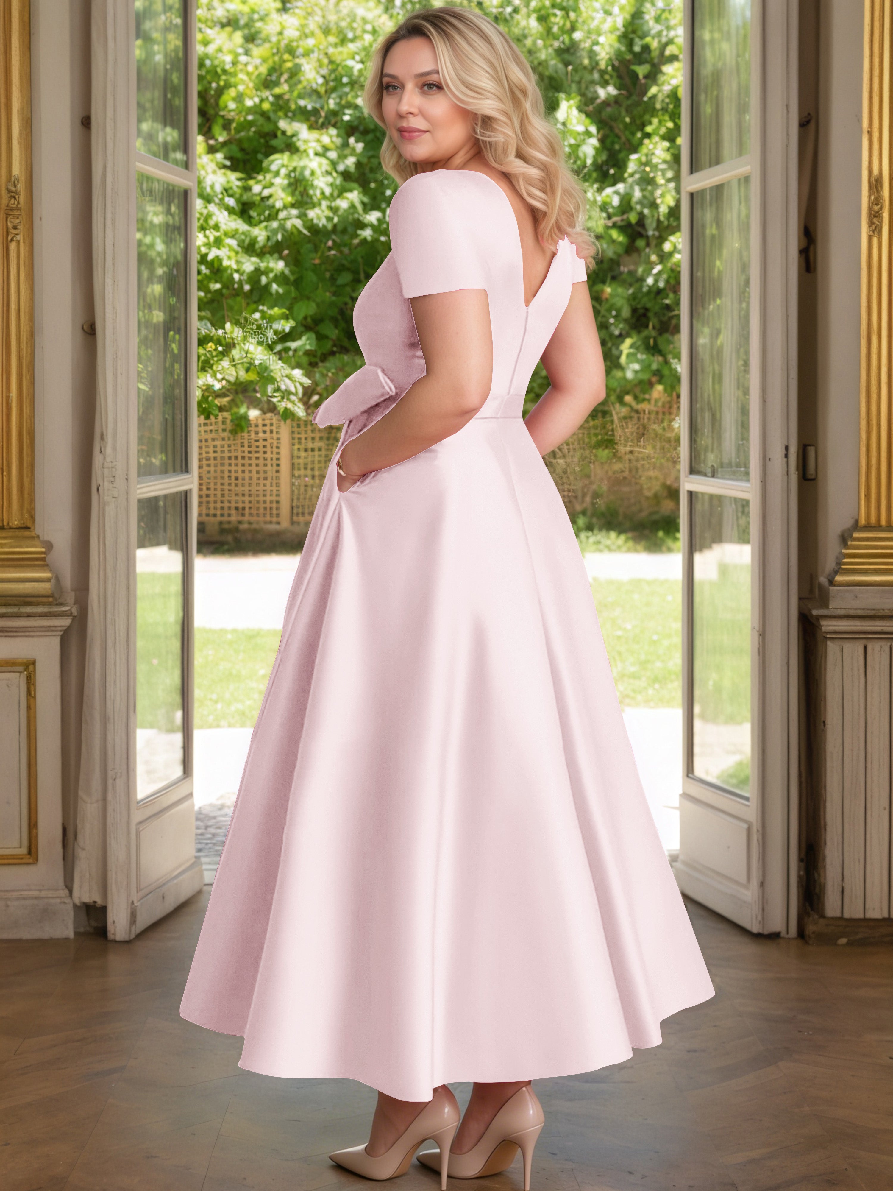 Cicinia Blushing Pink Mother Of The Bride Dress Satin Beading V-Neck Sleeves Ankle Length A-Line Plus Size