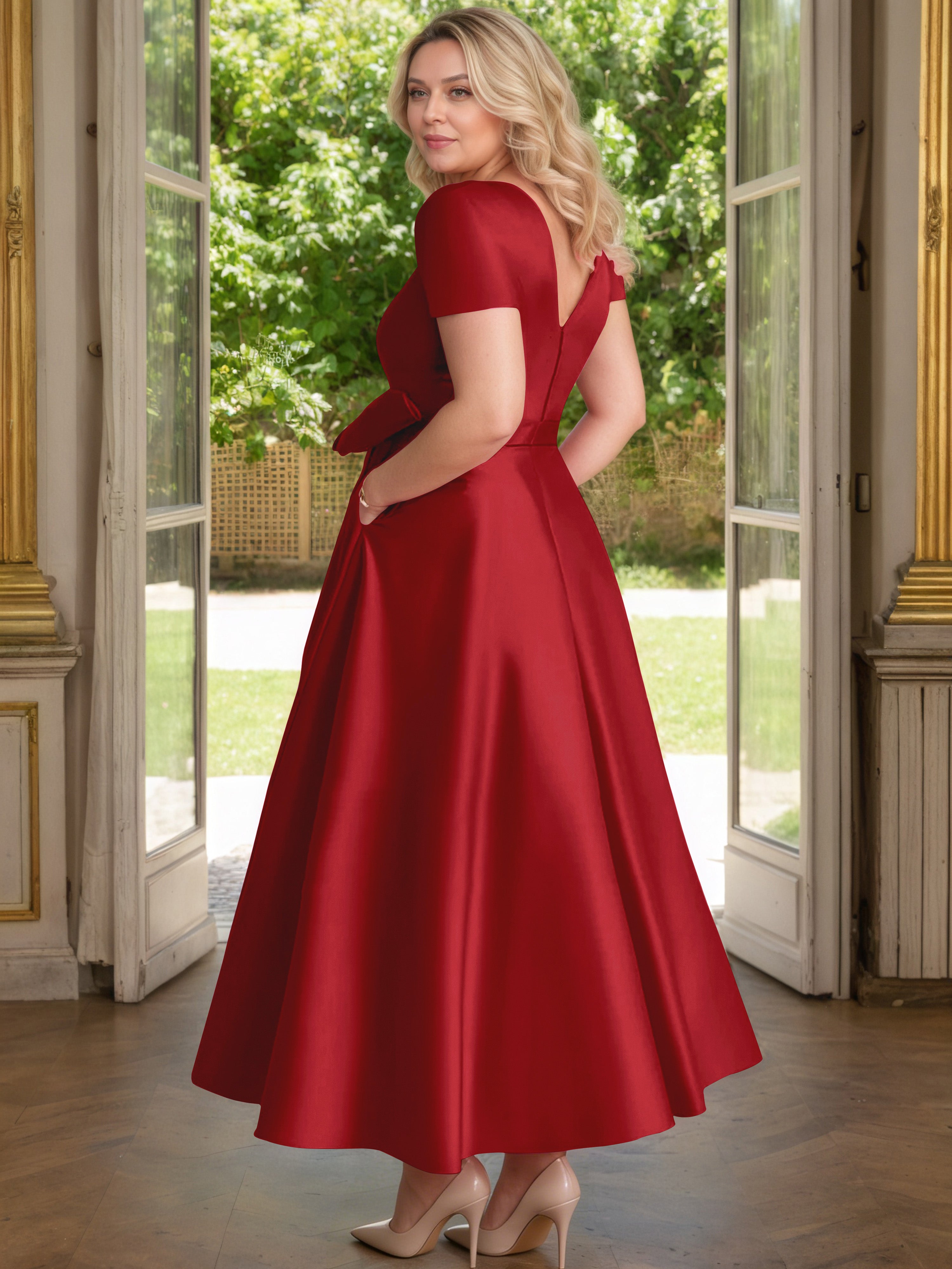 Cicinia Burgundy Mother Of The Bride Dress Satin Beading V-Neck Sleeves Ankle Length A-Line Plus Size