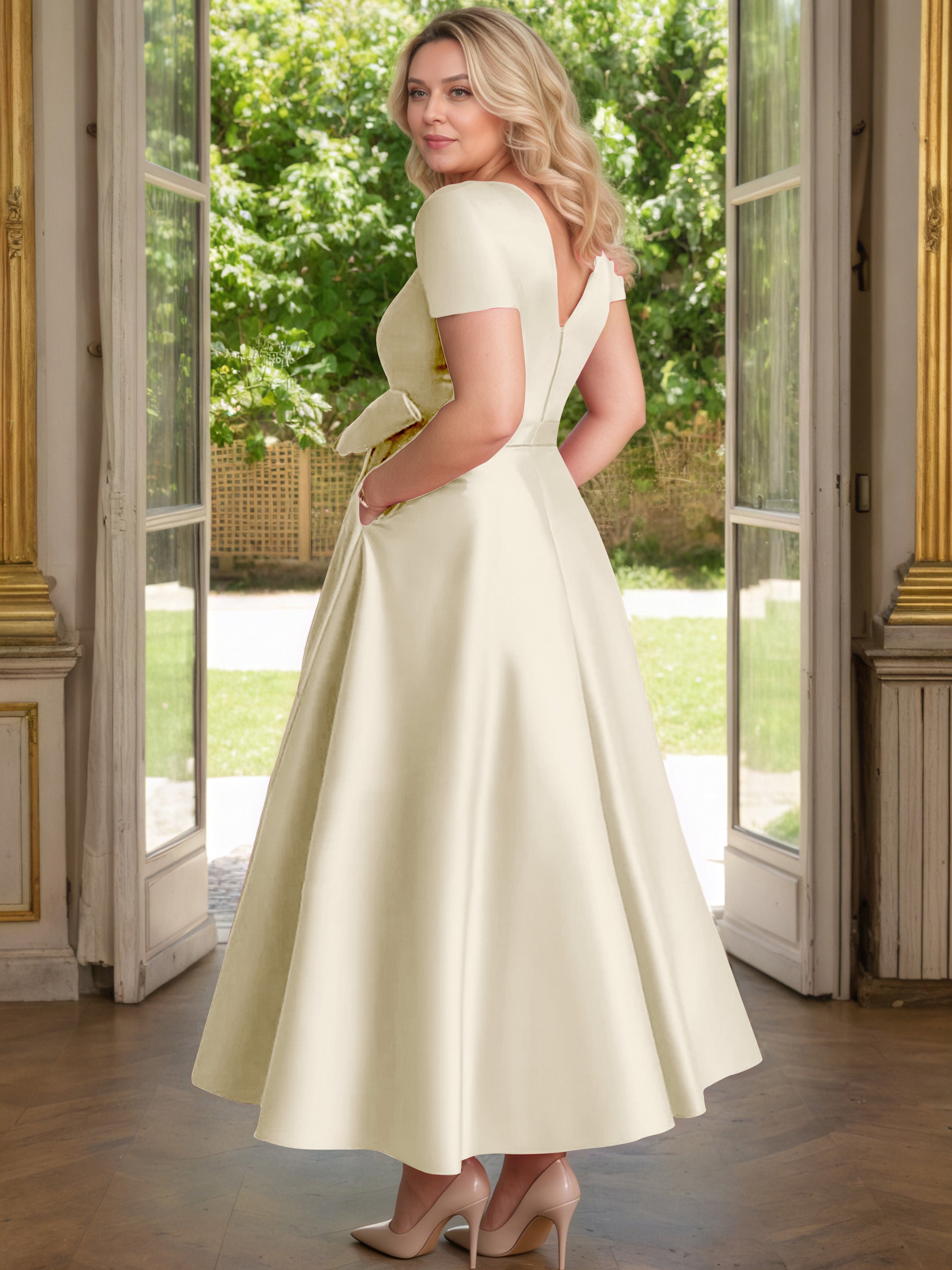 Cicinia Champagne Mother Of The Bride Dress Satin Beading V-Neck Sleeves Ankle Length A-Line Plus Size