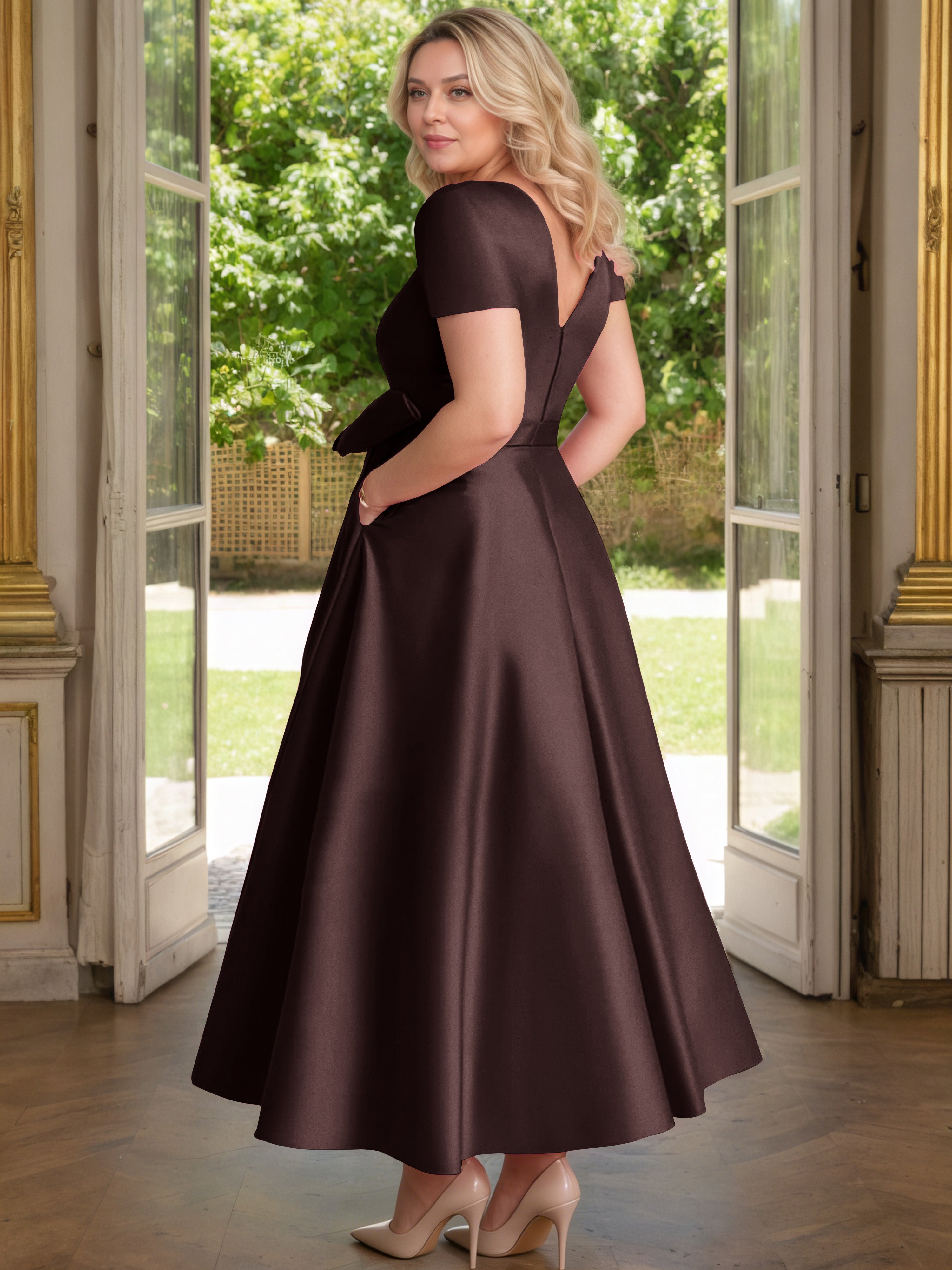 Cicinia Chocolate Mother Of The Bride Dress Satin Beading V-Neck Sleeves Ankle Length A-Line Plus Size