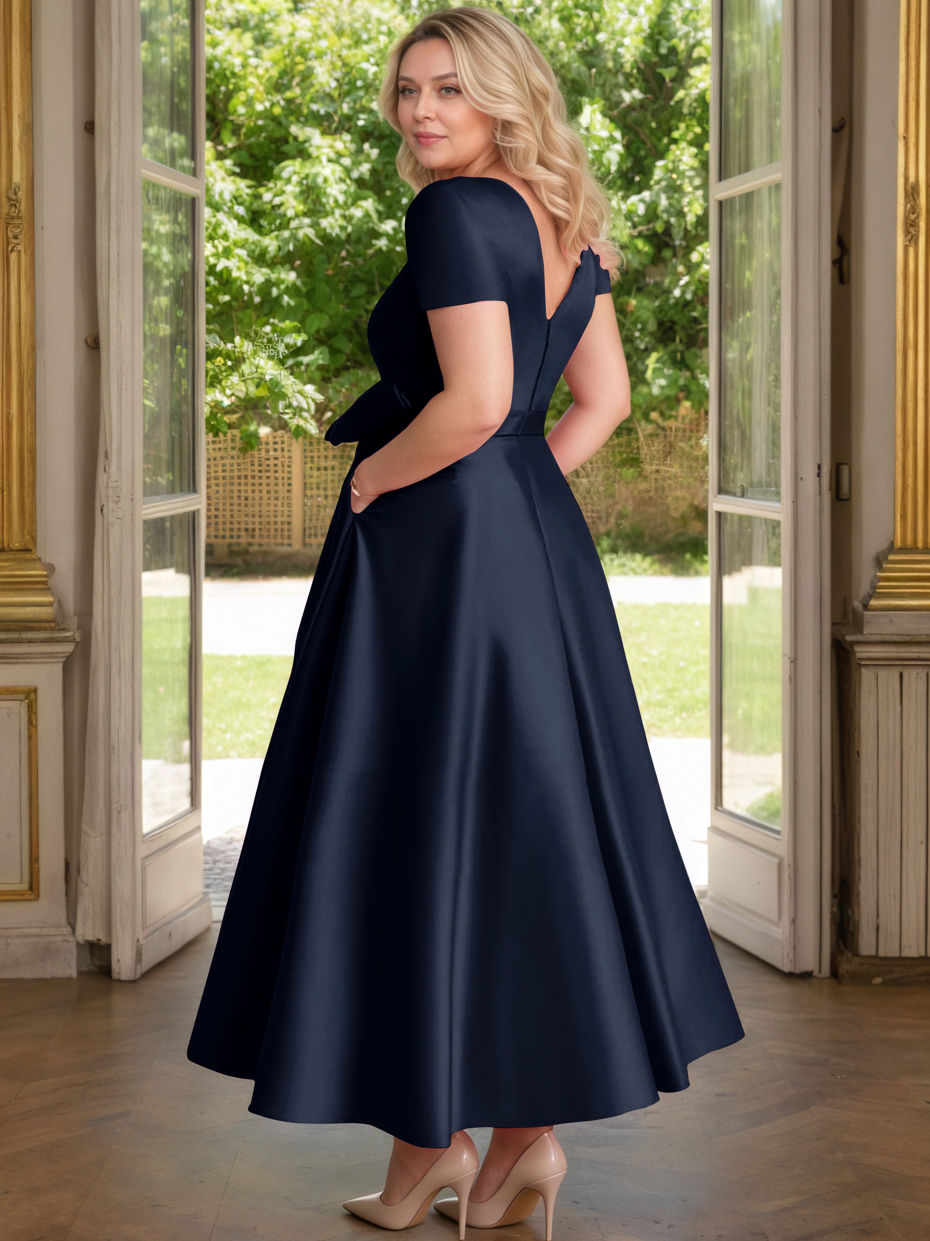 Cicinia Dark Navy Mother Of The Bride Dress Satin Beading V-Neck Sleeves Ankle Length A-Line Plus Size