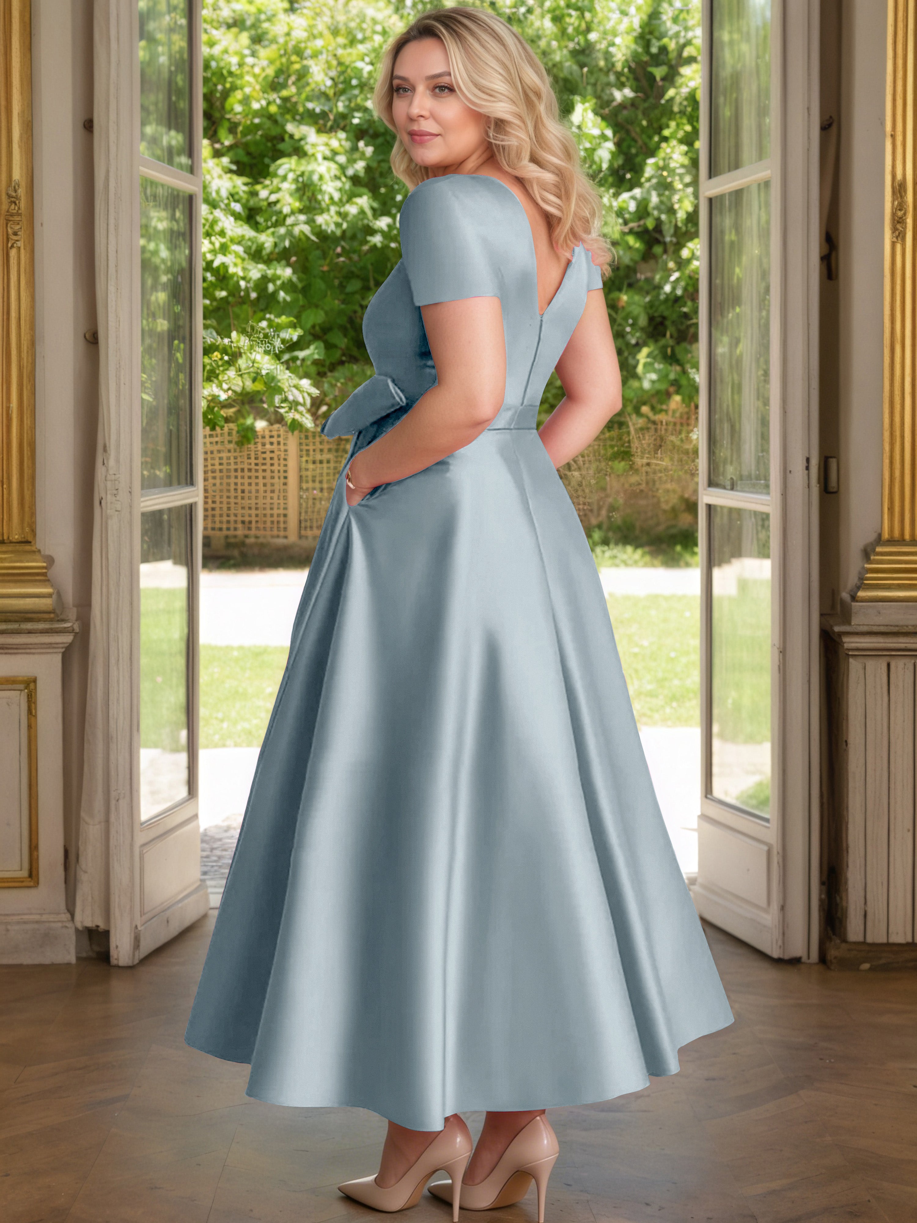 Cicinia Dusty Blue Mother Of The Bride Dress Satin Beading V-Neck Sleeves Ankle Length A-Line Plus Size