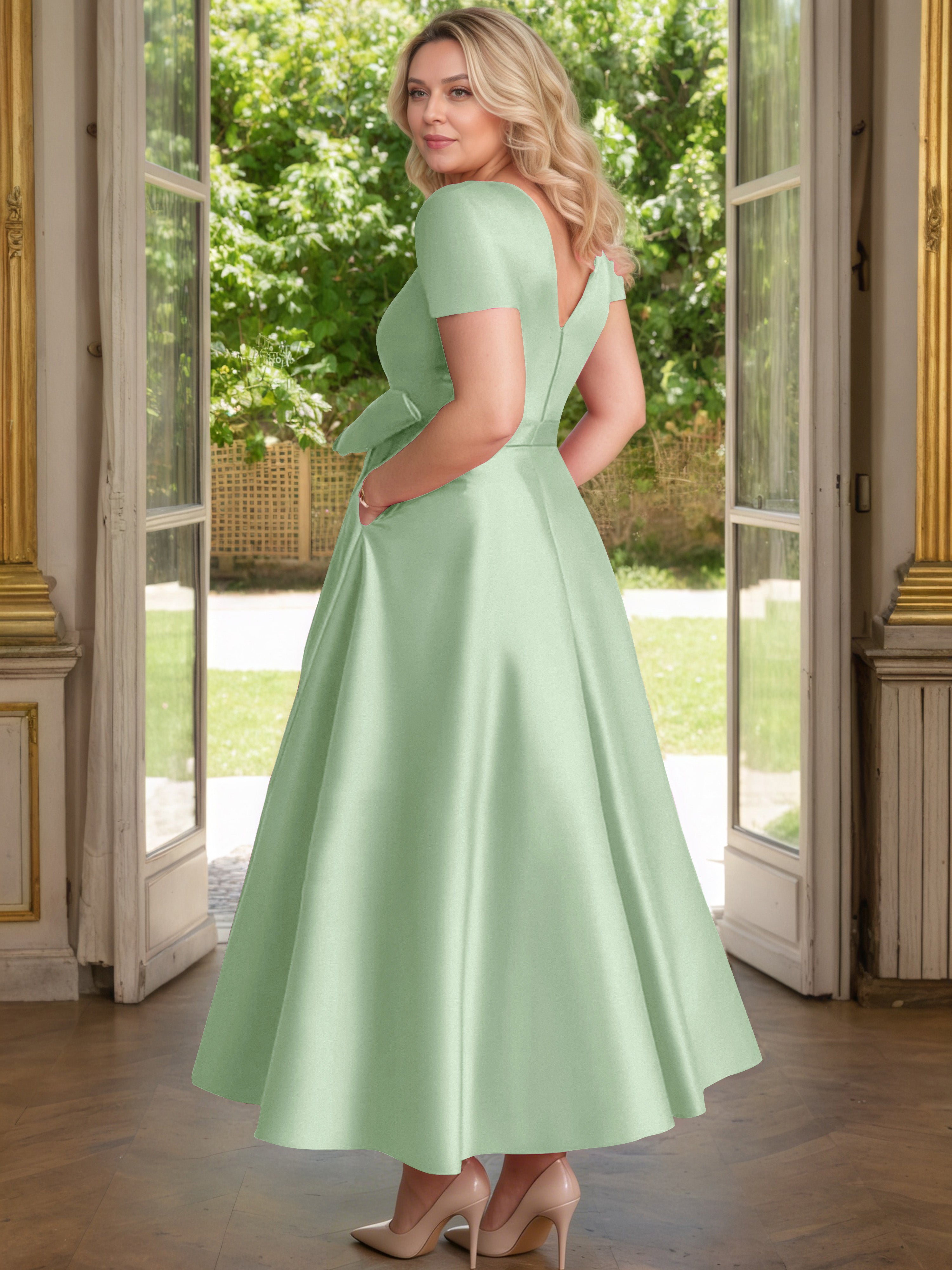 Cicinia Dusty Sage Mother Of The Bride Dress Satin Beading V-Neck Sleeves Ankle Length A-Line Plus Size