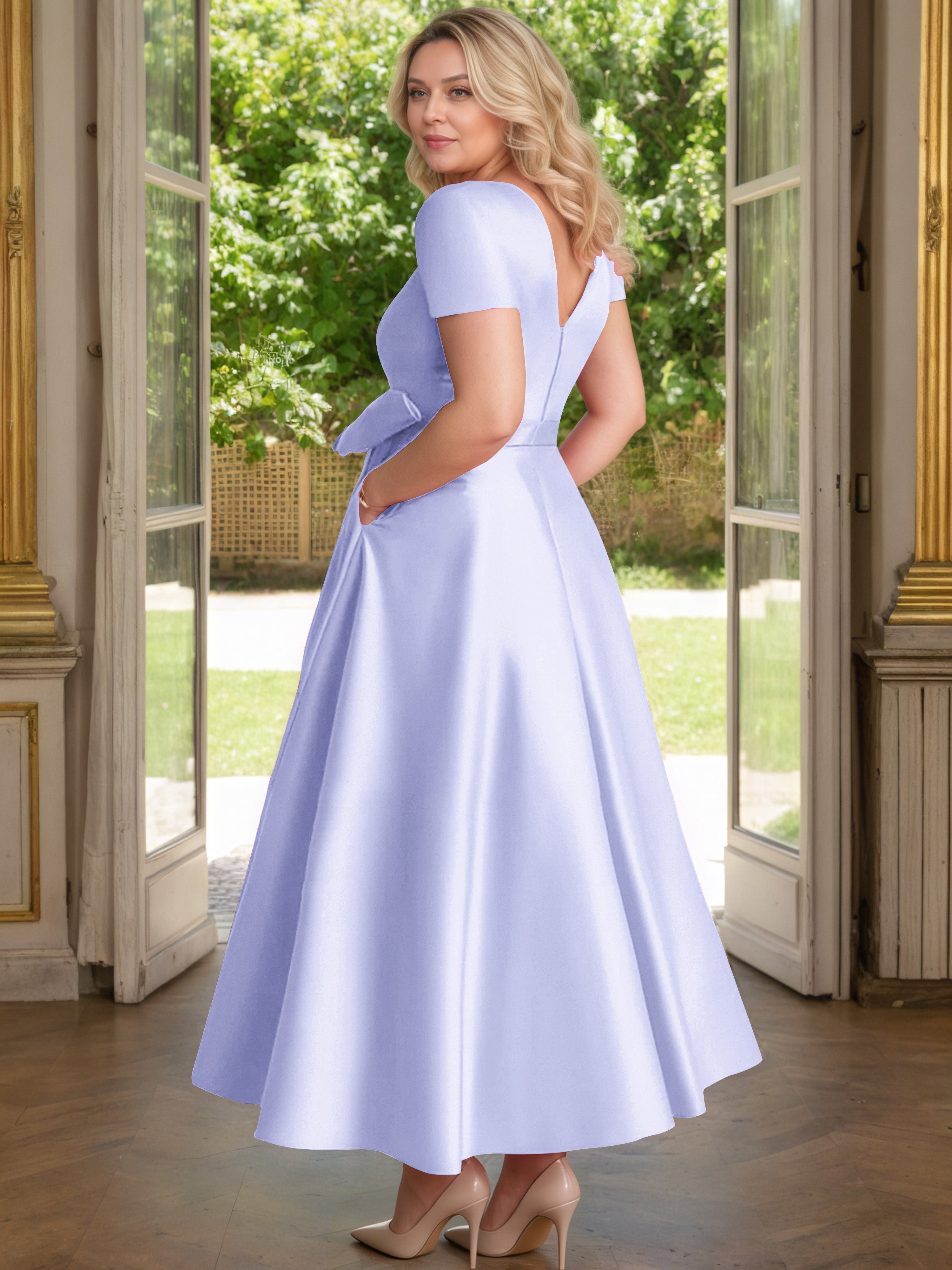 Cicinia Lavender Mother Of The Bride Dress Satin Beading V-Neck Sleeves Ankle Length A-Line Plus Size