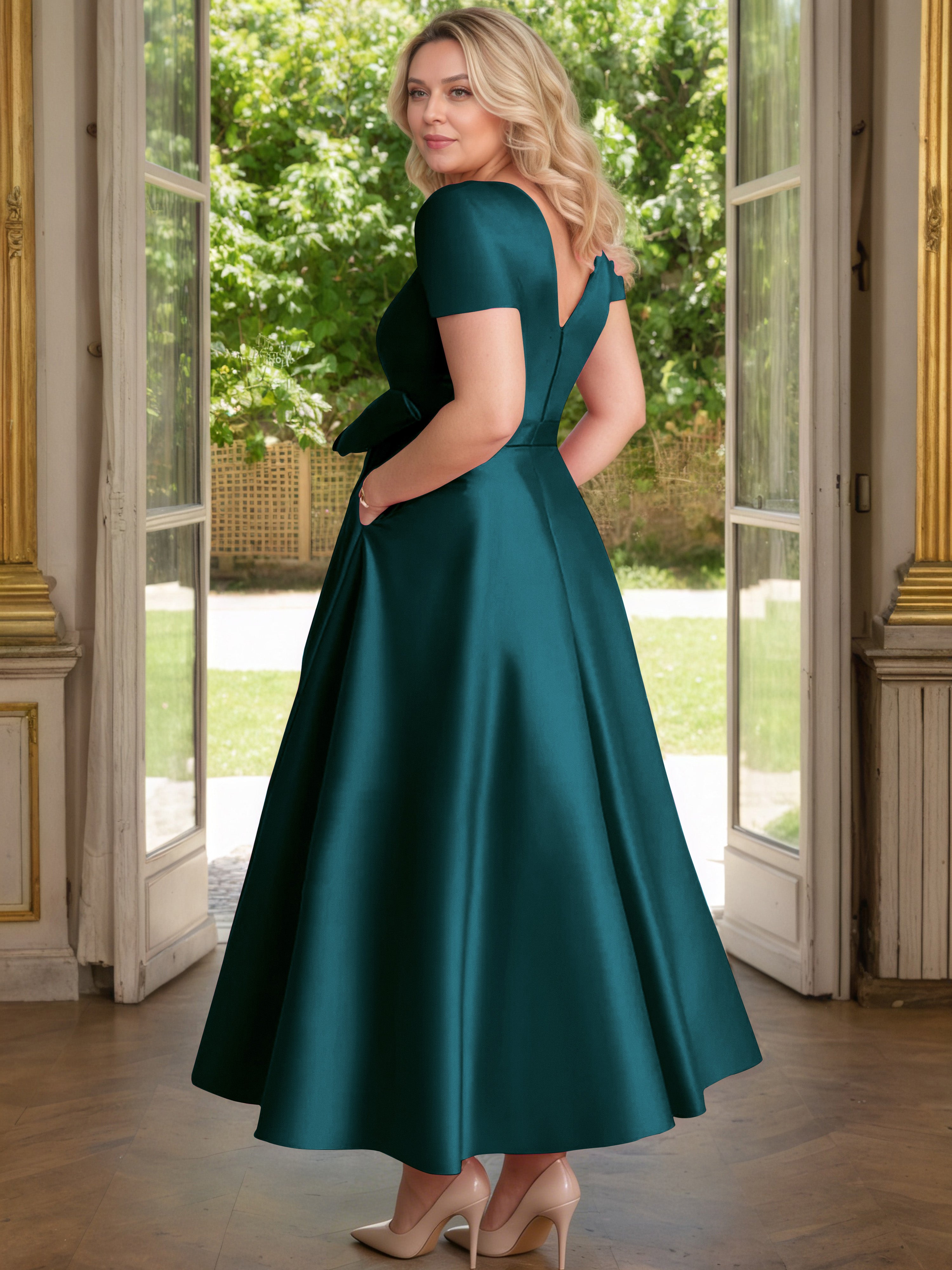 Cicinia Peacock Mother Of The Bride Dress Satin Beading V-Neck Sleeves Ankle Length A-Line Plus Size