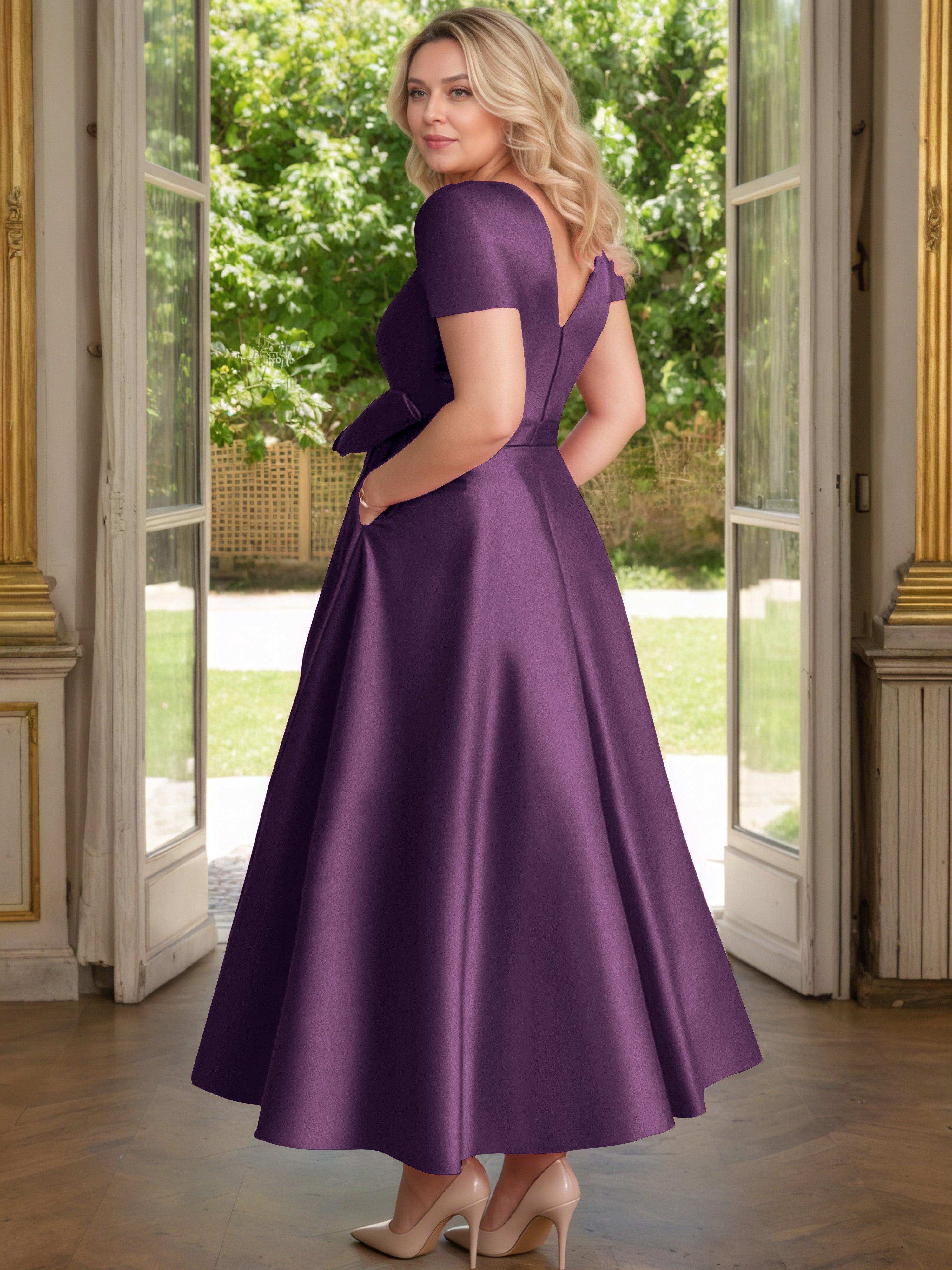 Cicinia Plum Mother Of The Bride Dress Satin Beading V-Neck Sleeves Ankle Length A-Line Plus Size