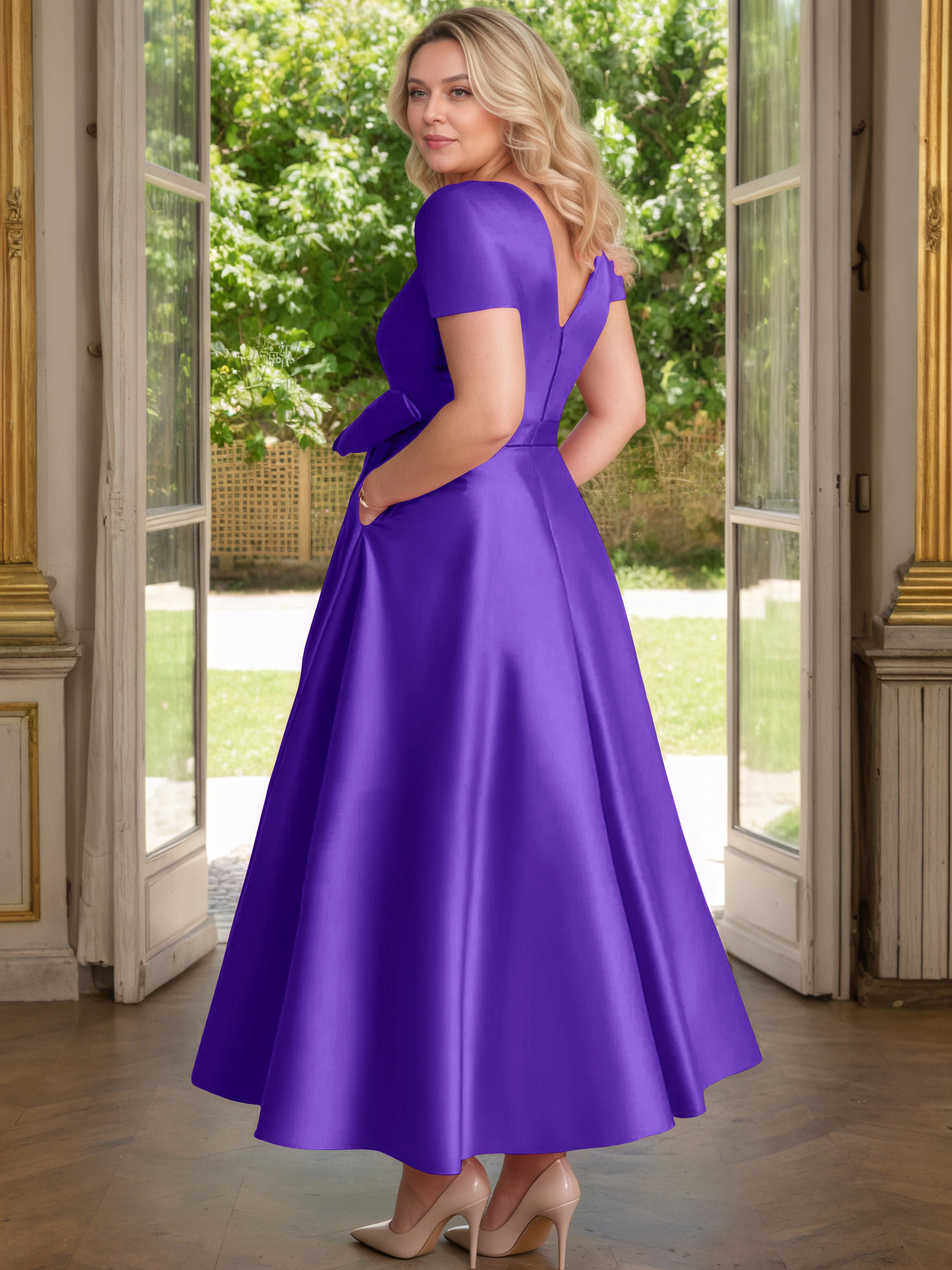 Cicinia Regency Mother Of The Bride Dress Satin Beading V-Neck Sleeves Ankle Length A-Line Plus Size