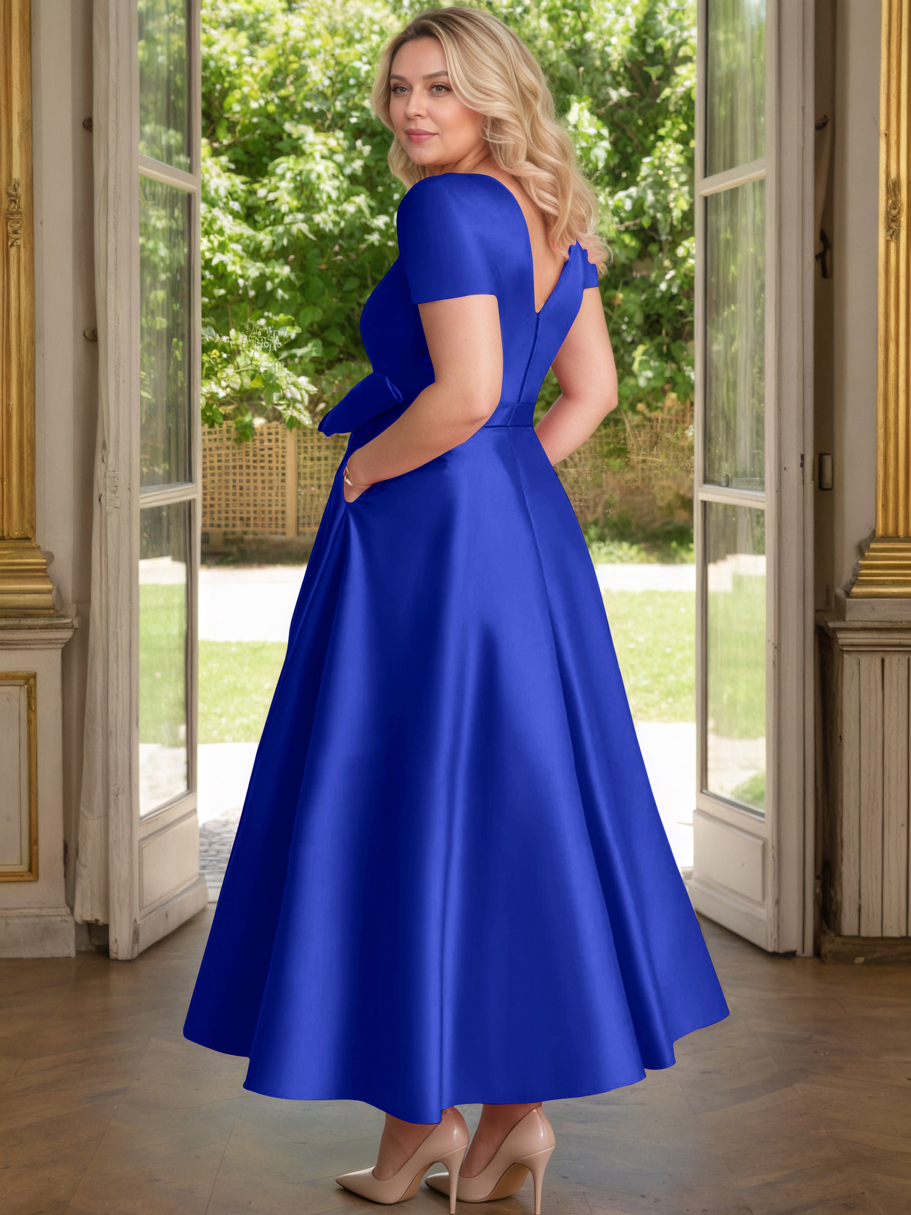 Cicinia Royal Blue Mother Of The Bride Dress Satin Beading V-Neck Sleeves Ankle Length A-Line Plus Size