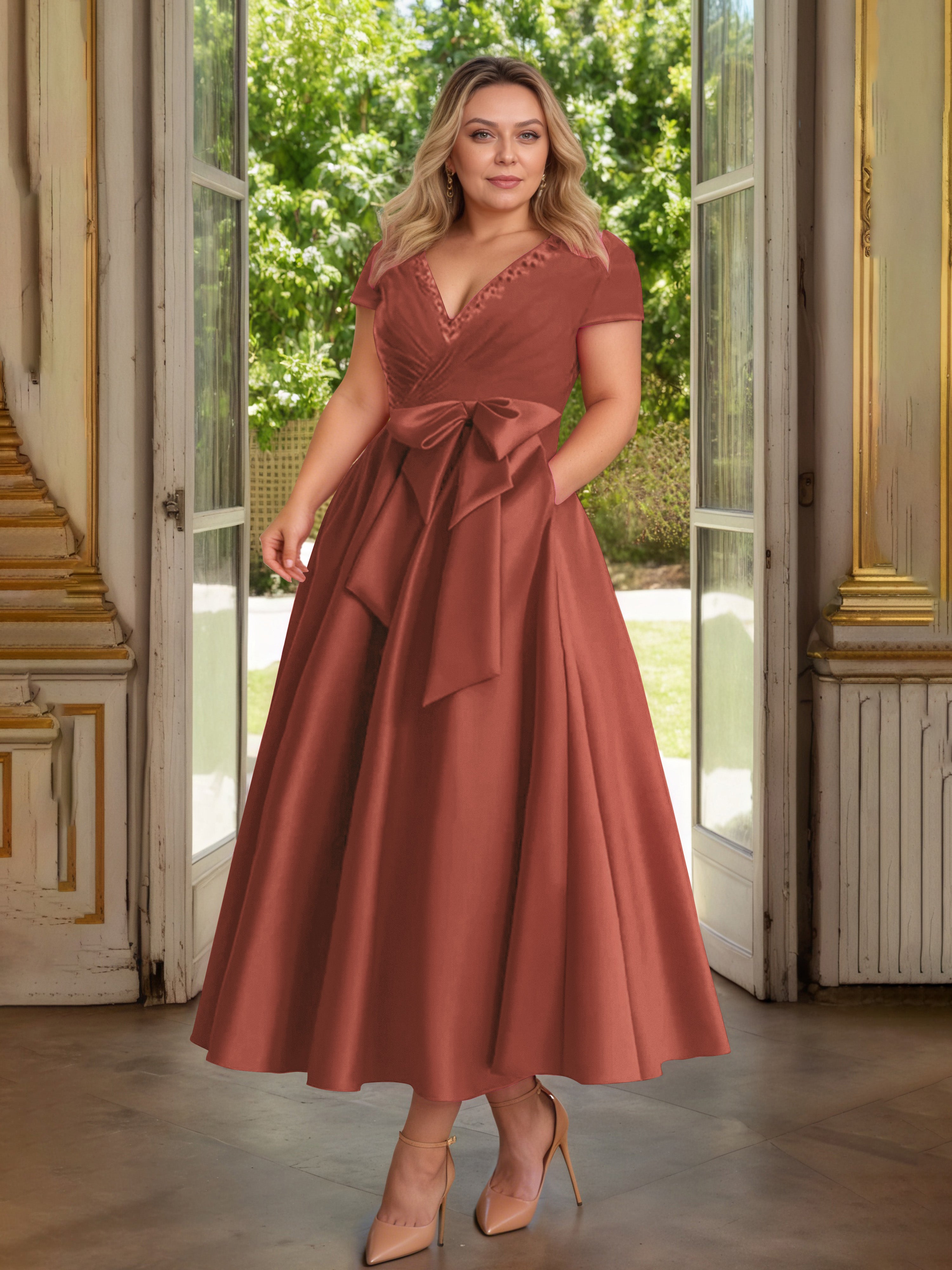Cicinia Rust Mother Of The Bride Dress Satin Beading V-Neck Sleeves An