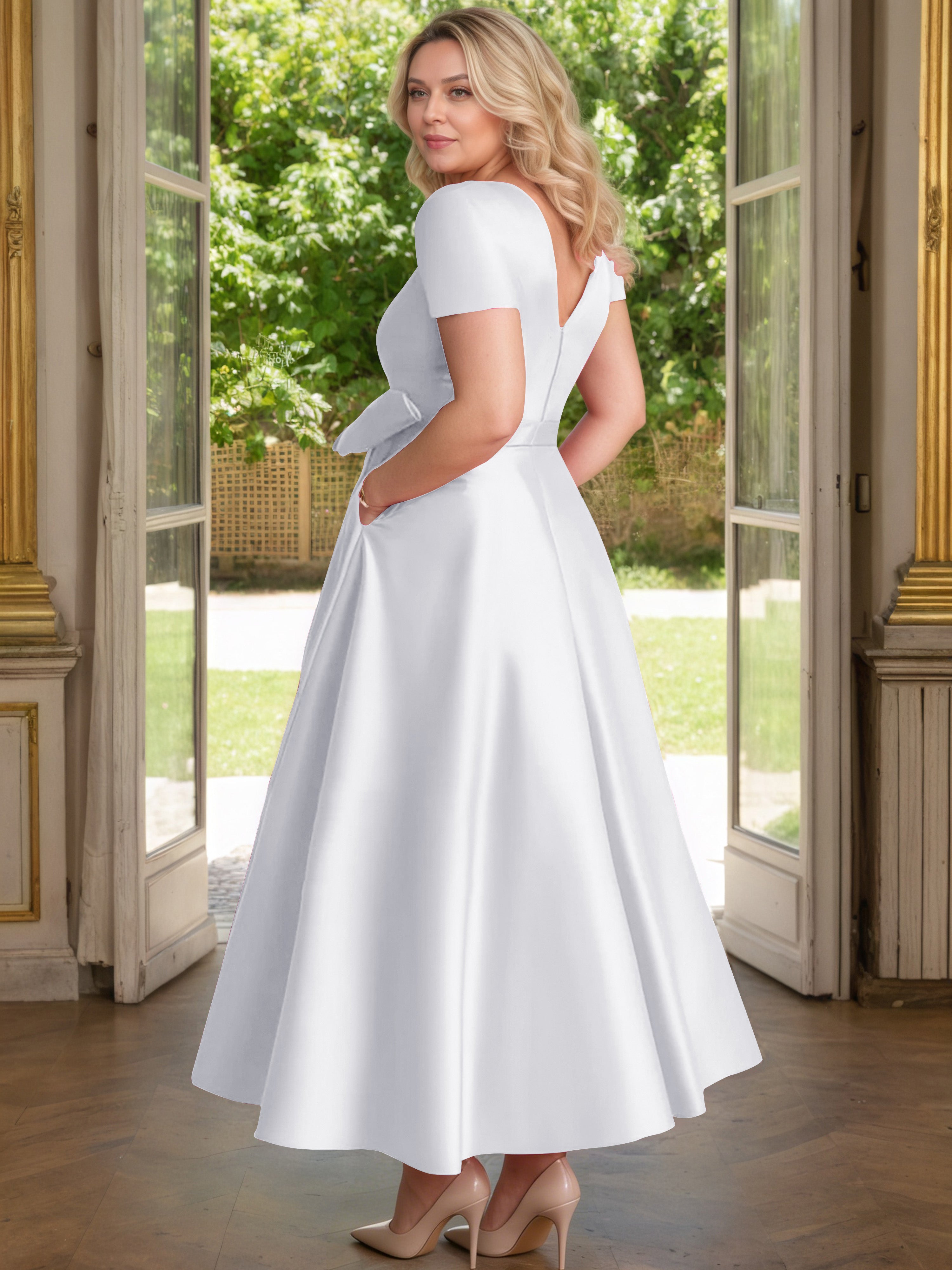 Cicinia White Mother Of The Bride Dress Satin Beading V-Neck Sleeves Ankle Length A-Line Plus Size