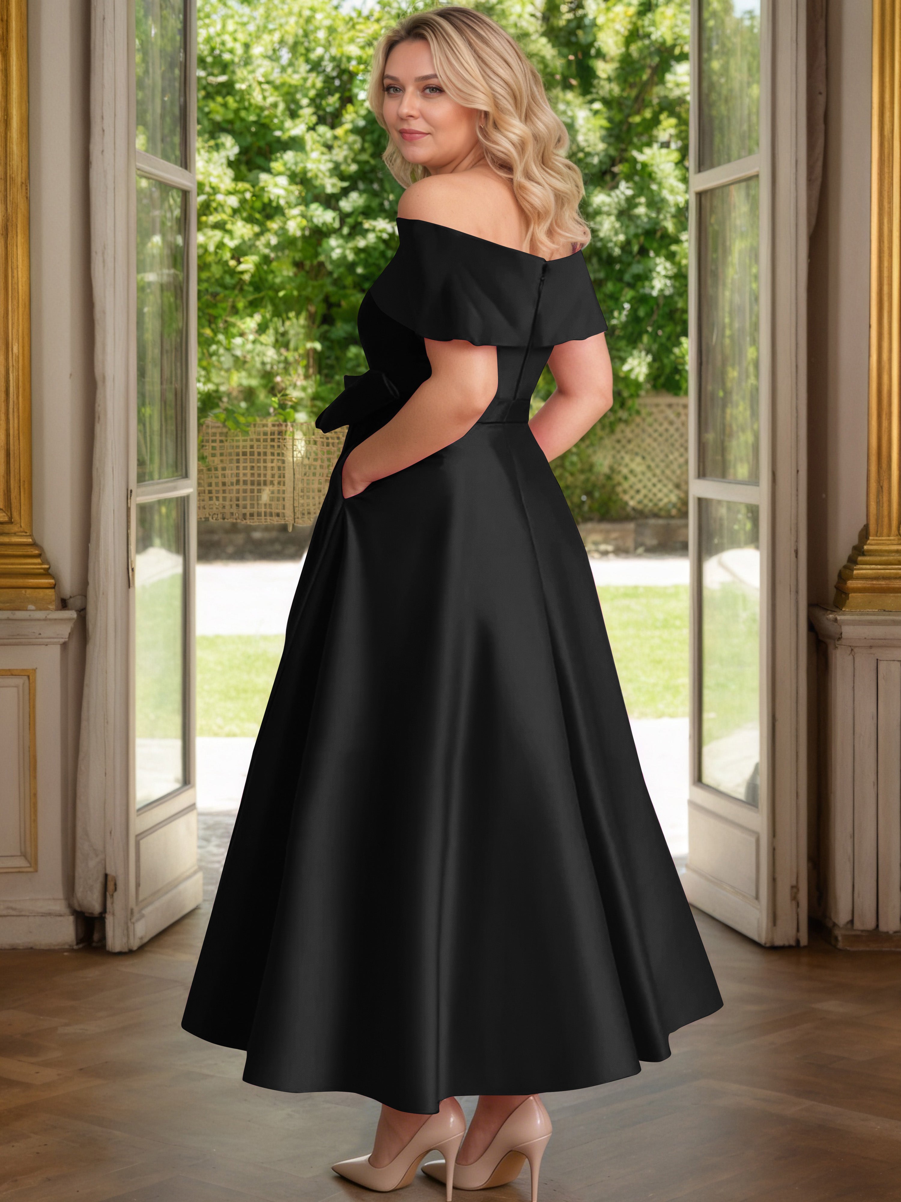 Cicinia Black Mother Of The Bride Dress Satin Off The Shoulder Ankle Length with Bowknot A-Line Plus Size