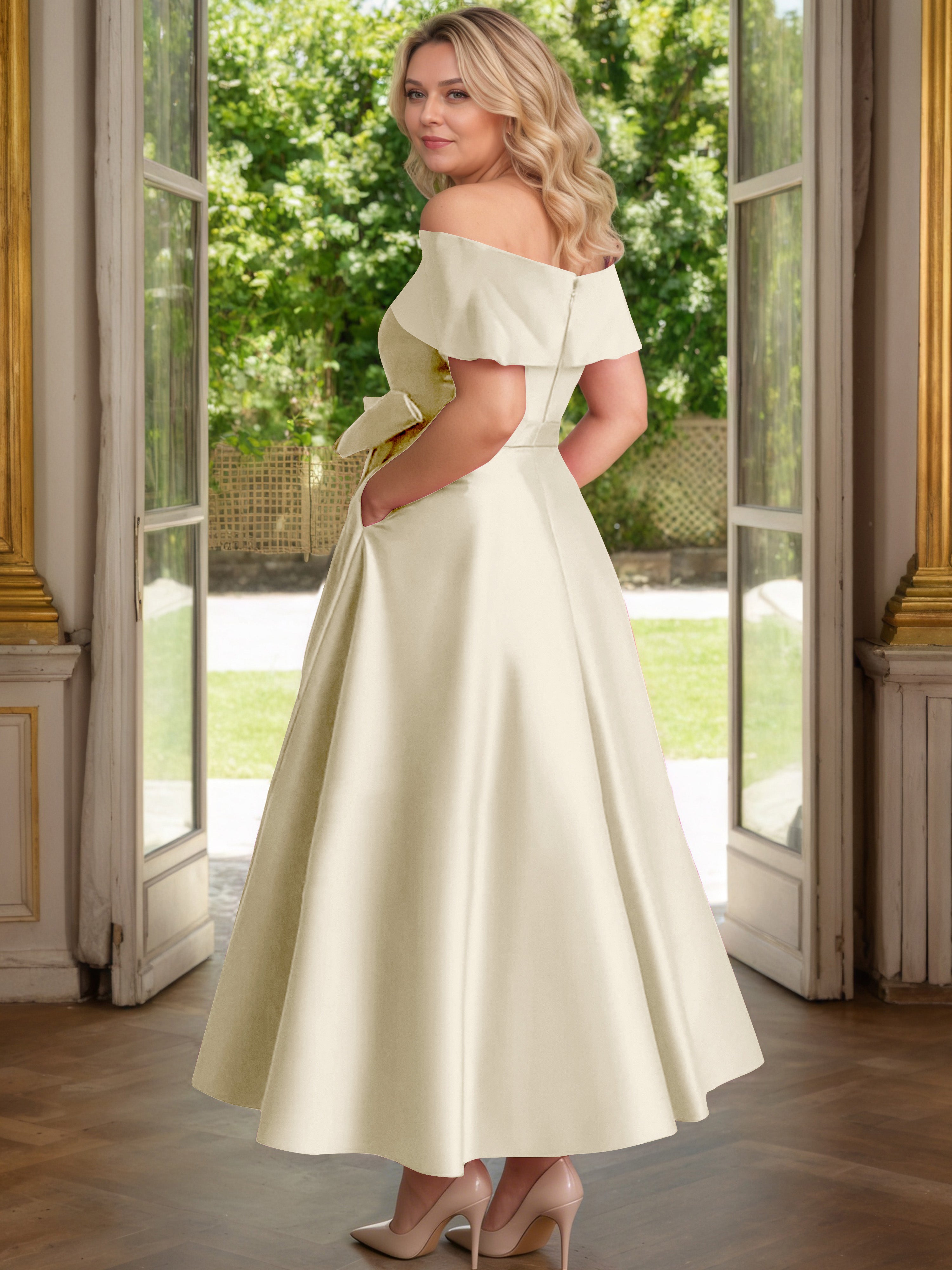 Cicinia Champagne Mother Of The Bride Dress Satin Off The Shoulder Ankle Length with Bowknot A-Line Plus Size