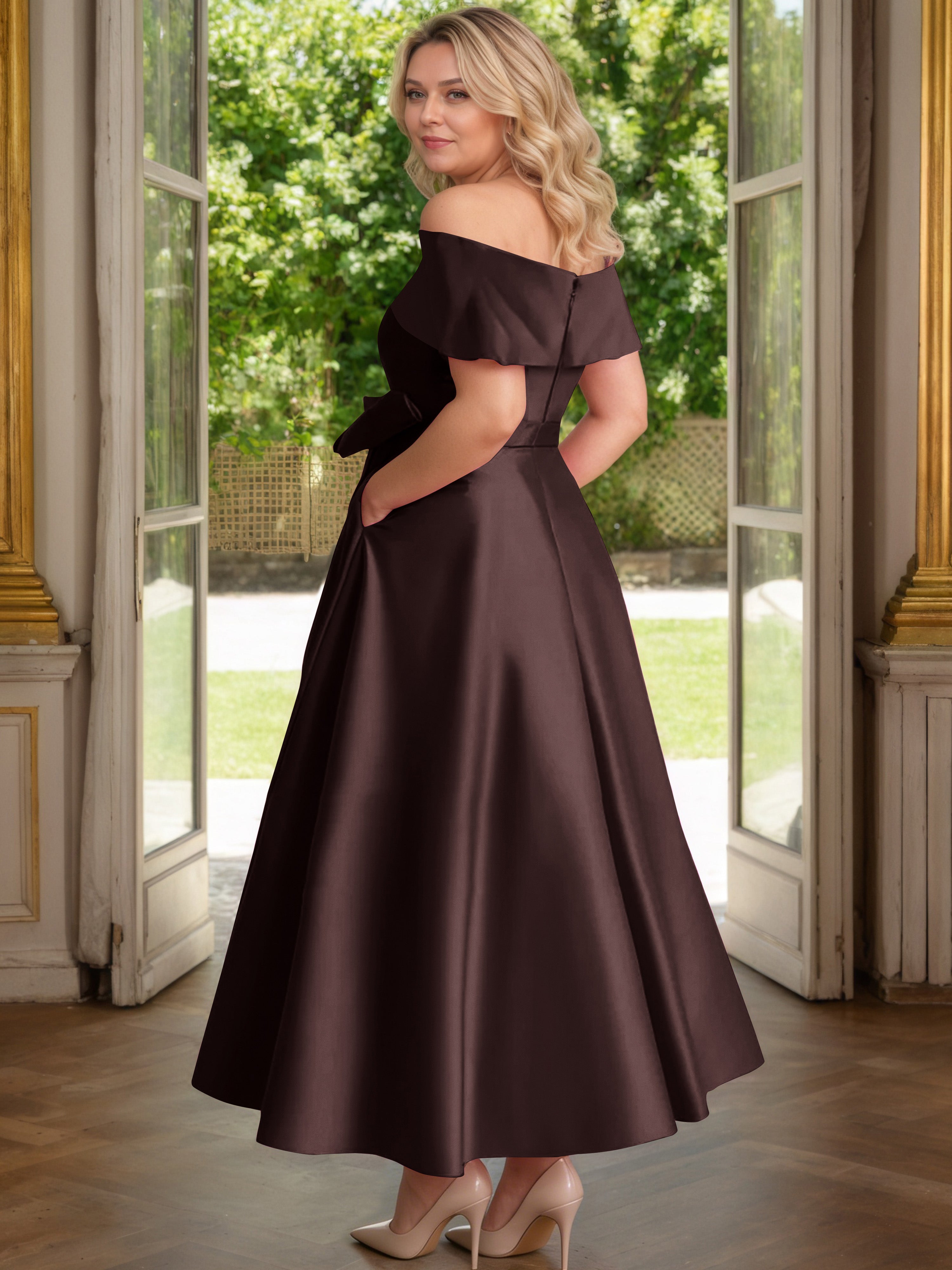 Cicinia Chocolate Mother Of The Bride Dress Satin Off The Shoulder Ankle Length with Bowknot A-Line Plus Size
