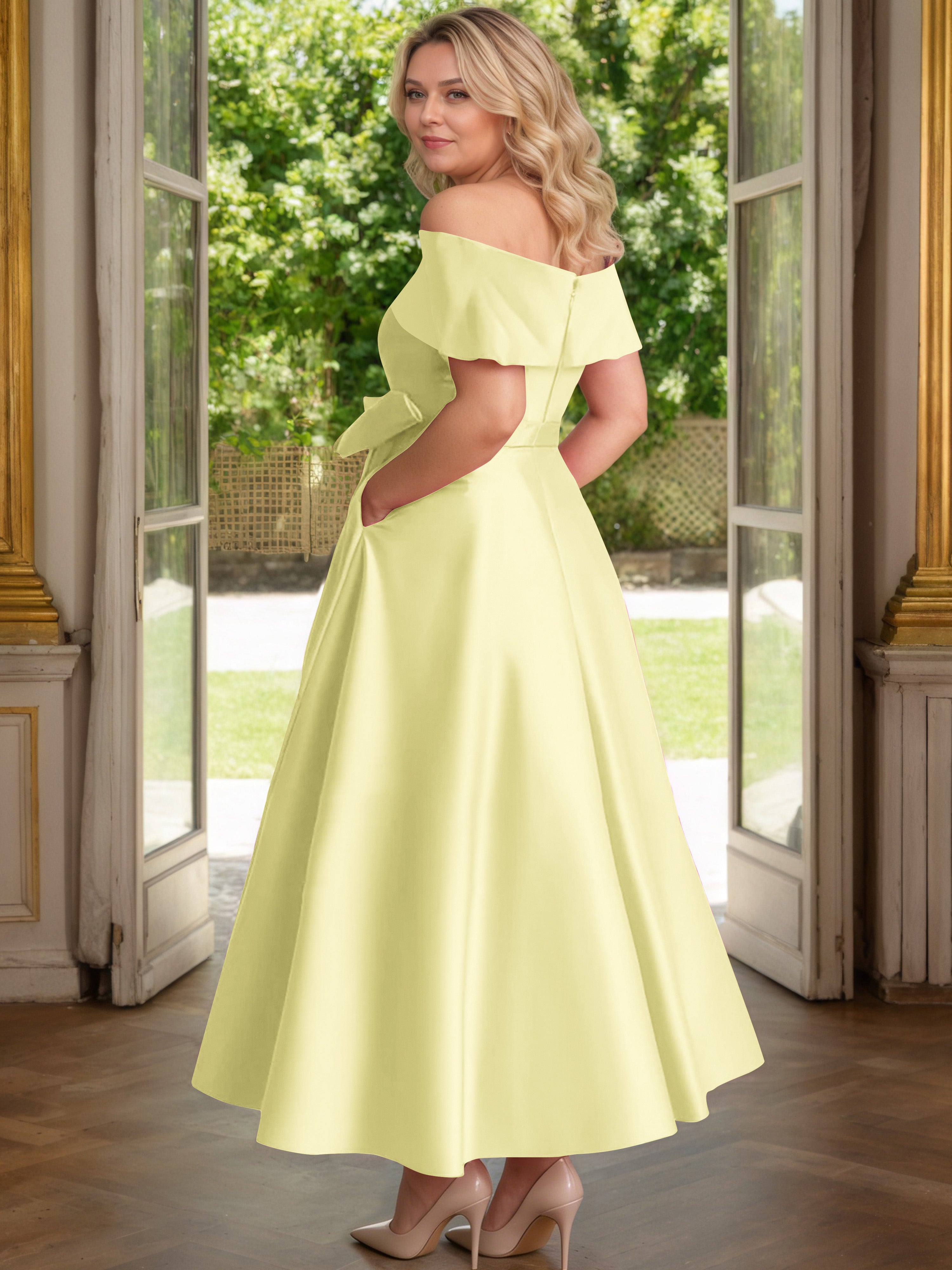 Cicinia Daffodil Mother Of The Bride Dress Satin Off The Shoulder Ankle Length with Bowknot A-Line Plus Size