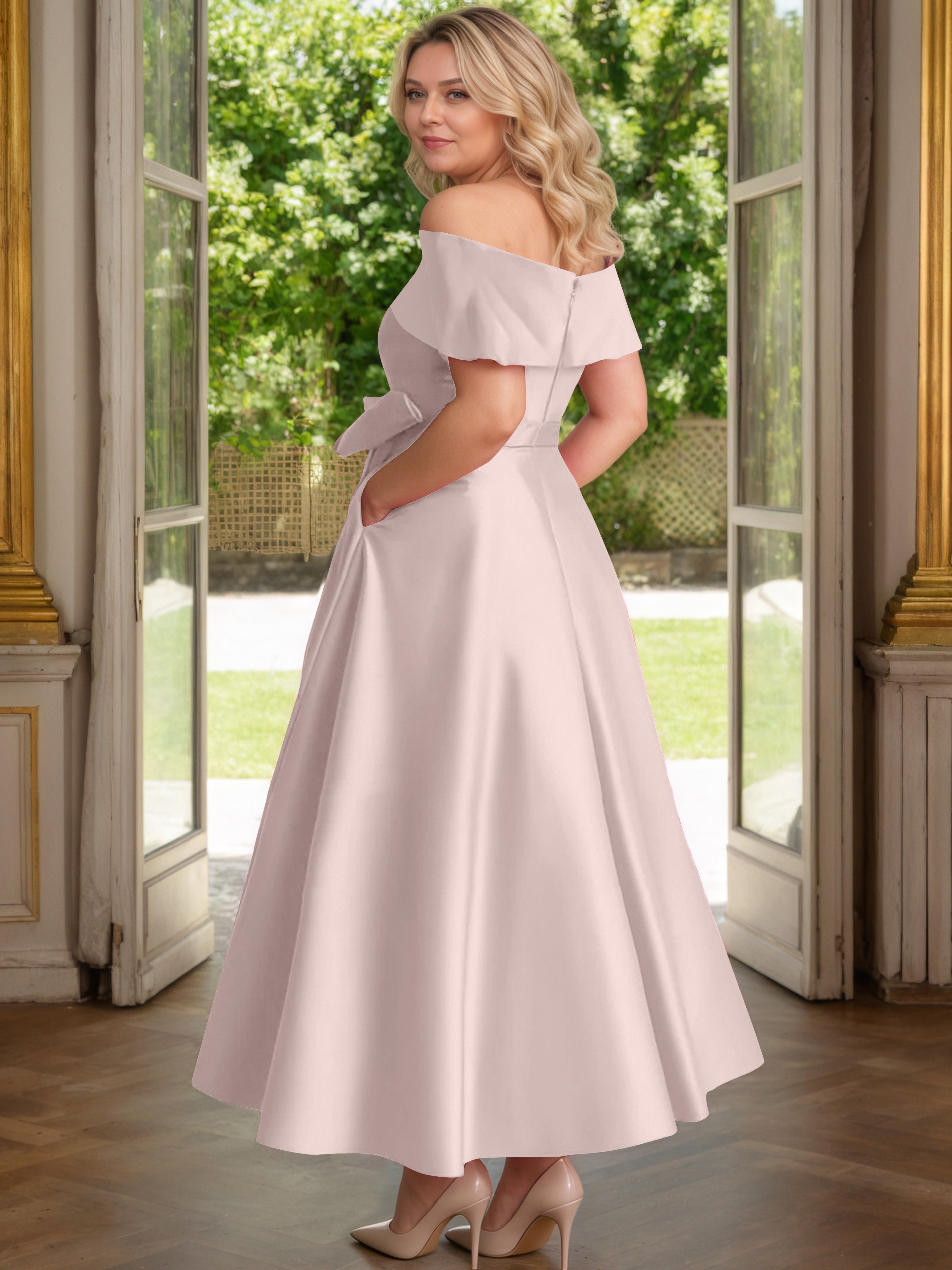 Cicinia Dusty Rose Mother Of The Bride Dress Satin Off The Shoulder Ankle Length with Bowknot A-Line Plus Size