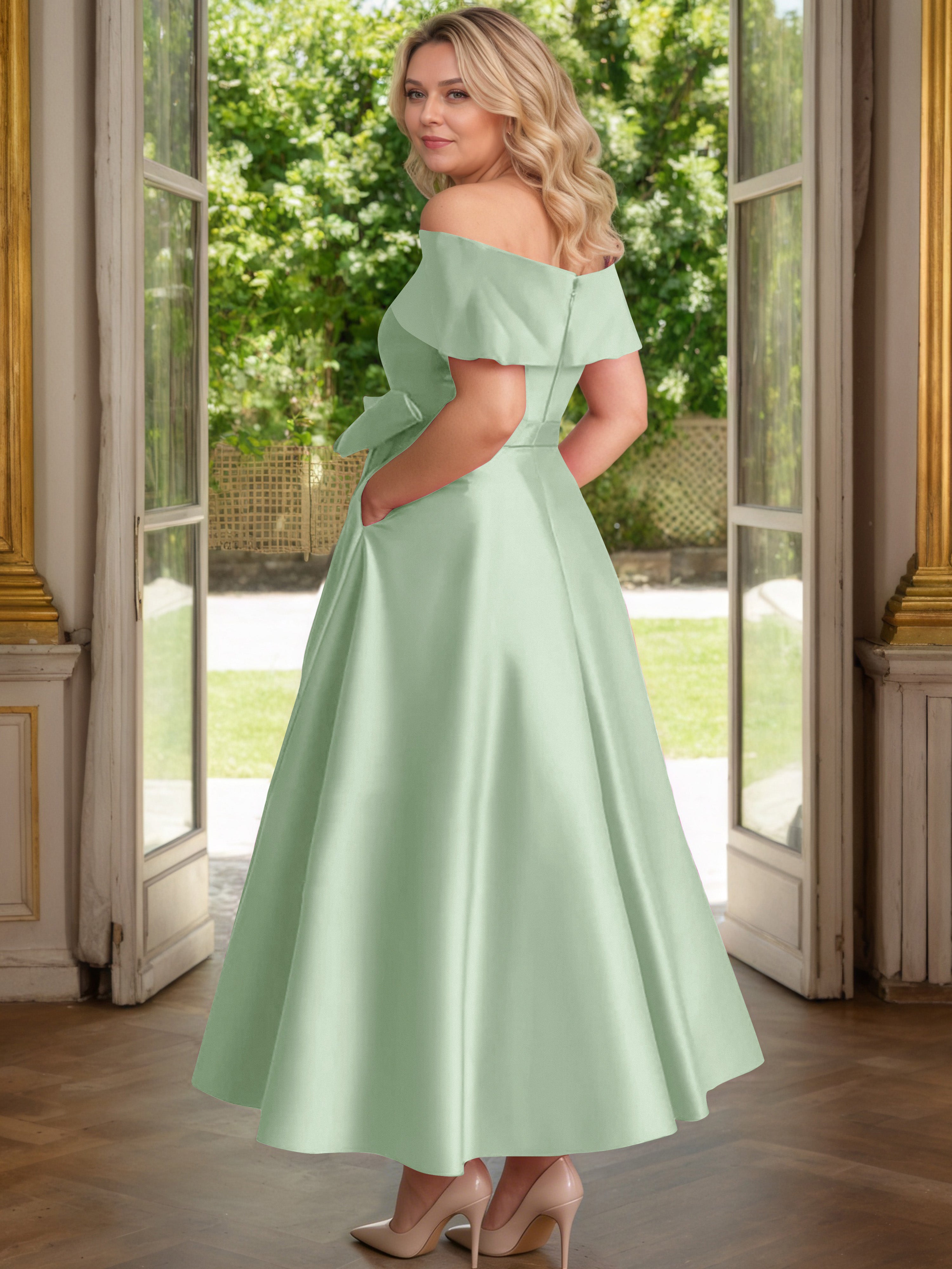 Cicinia Dusty Sage Mother Of The Bride Dress Satin Off The Shoulder Ankle Length with Bowknot A-Line Plus Size