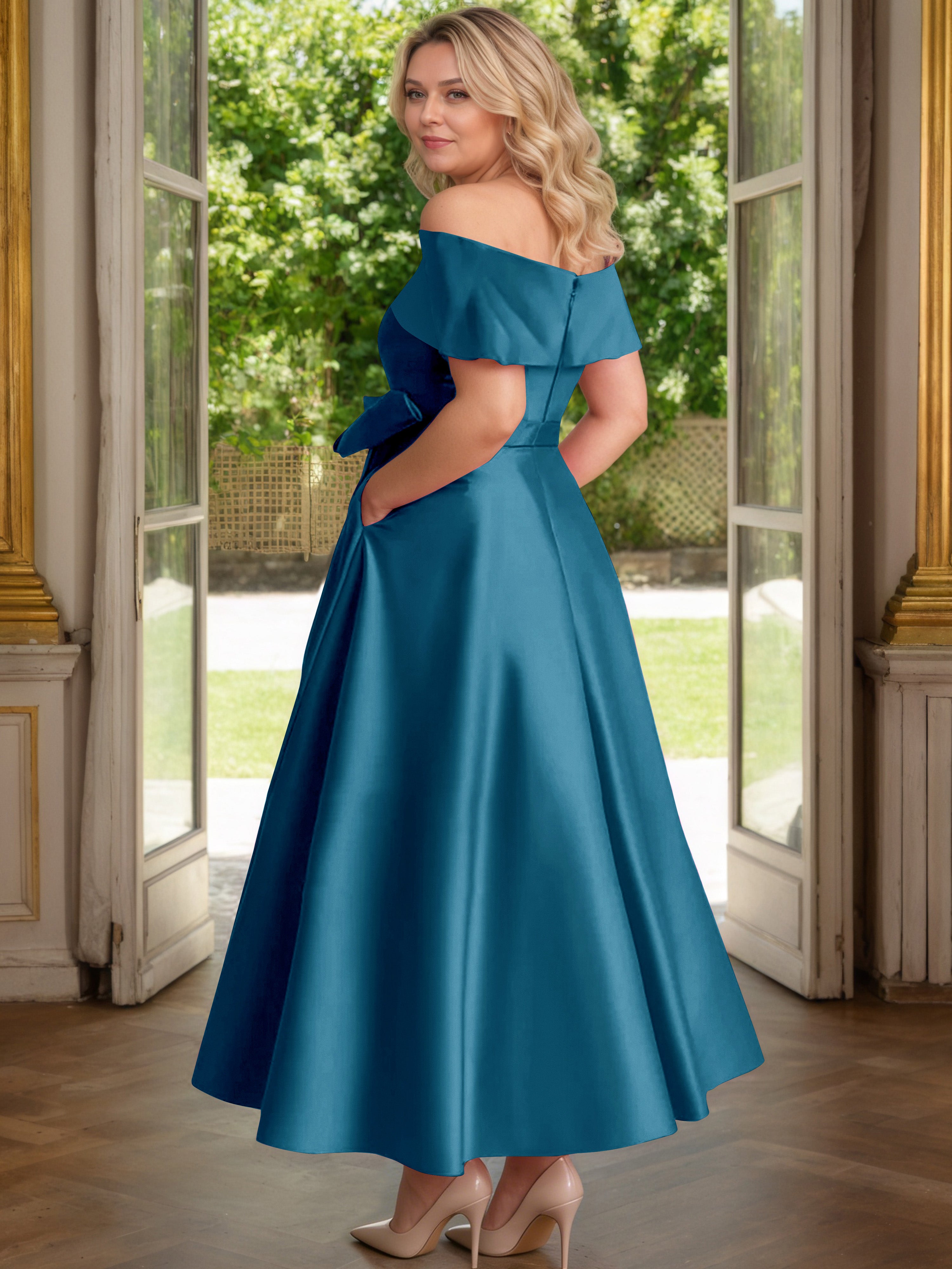 Cicinia Ink Blue Mother Of The Bride Dress Satin Off The Shoulder Ankle Length with Bowknot A-Line Plus Size