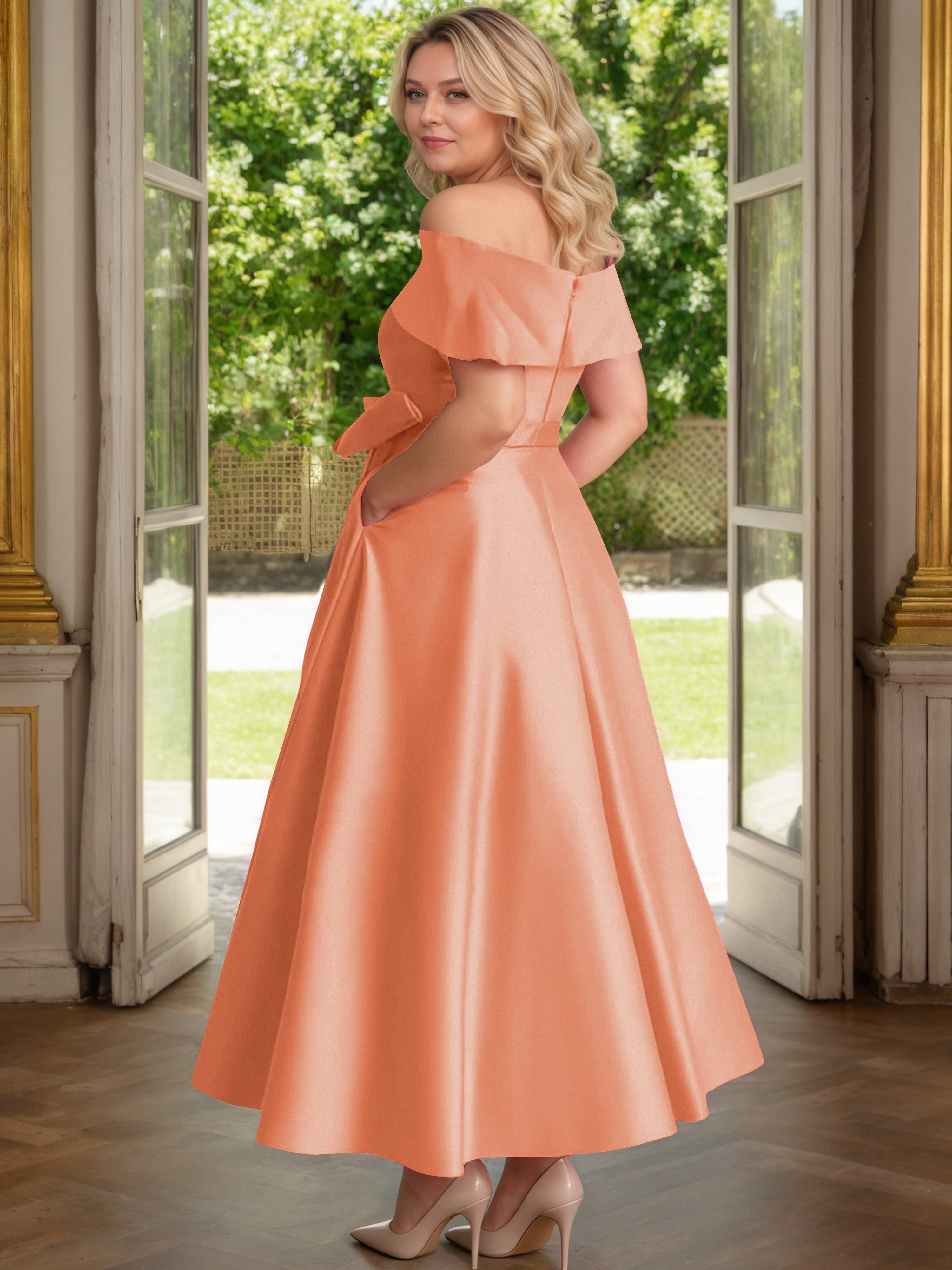 Cicinia Papaya Mother Of The Bride Dress Satin Off The Shoulder Ankle Length with Bowknot A-Line Plus Size
