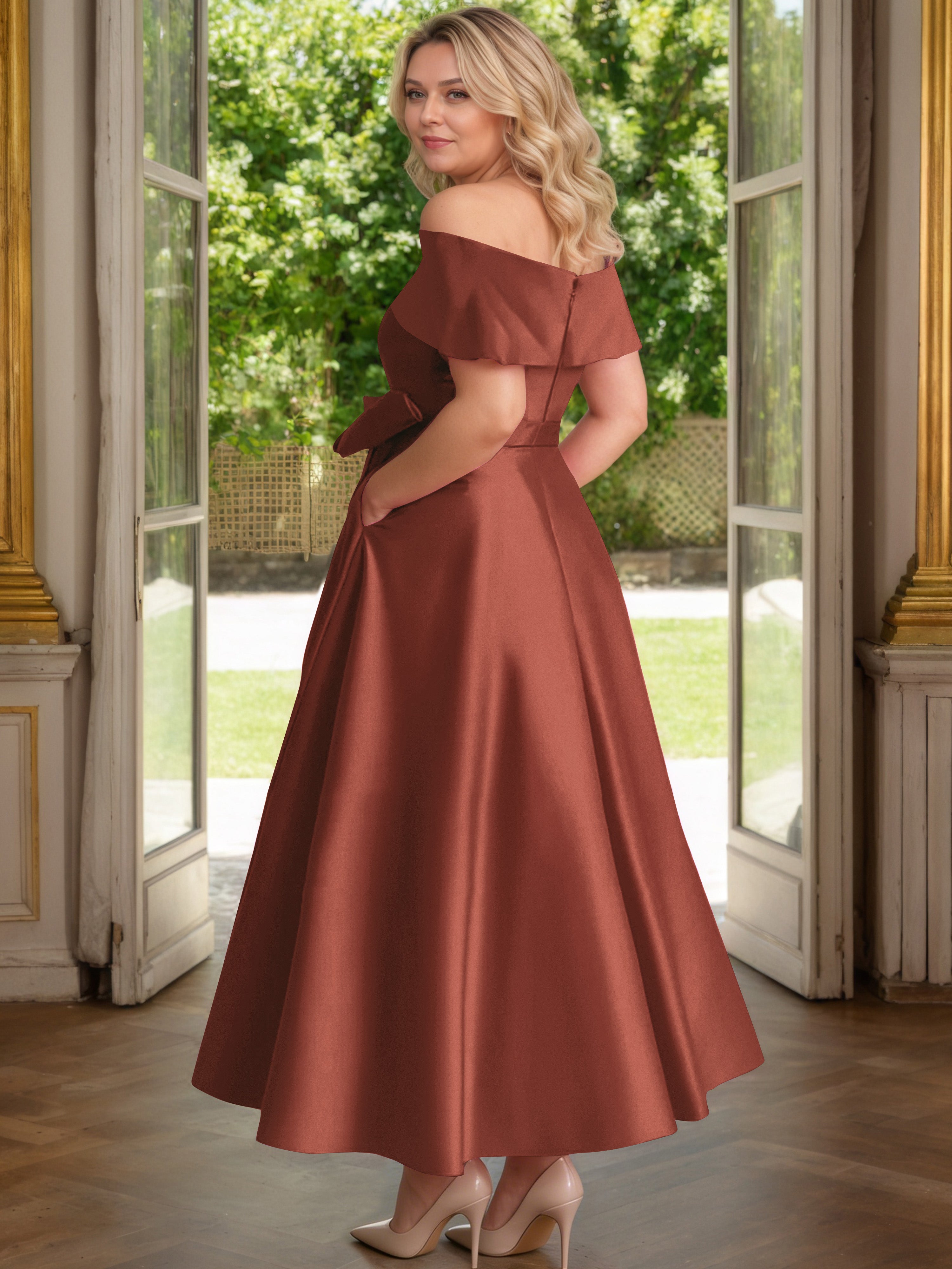 Cicinia Rust Mother Of The Bride Dress Satin Off The Shoulder Ankle Length with Bowknot A-Line Plus Size