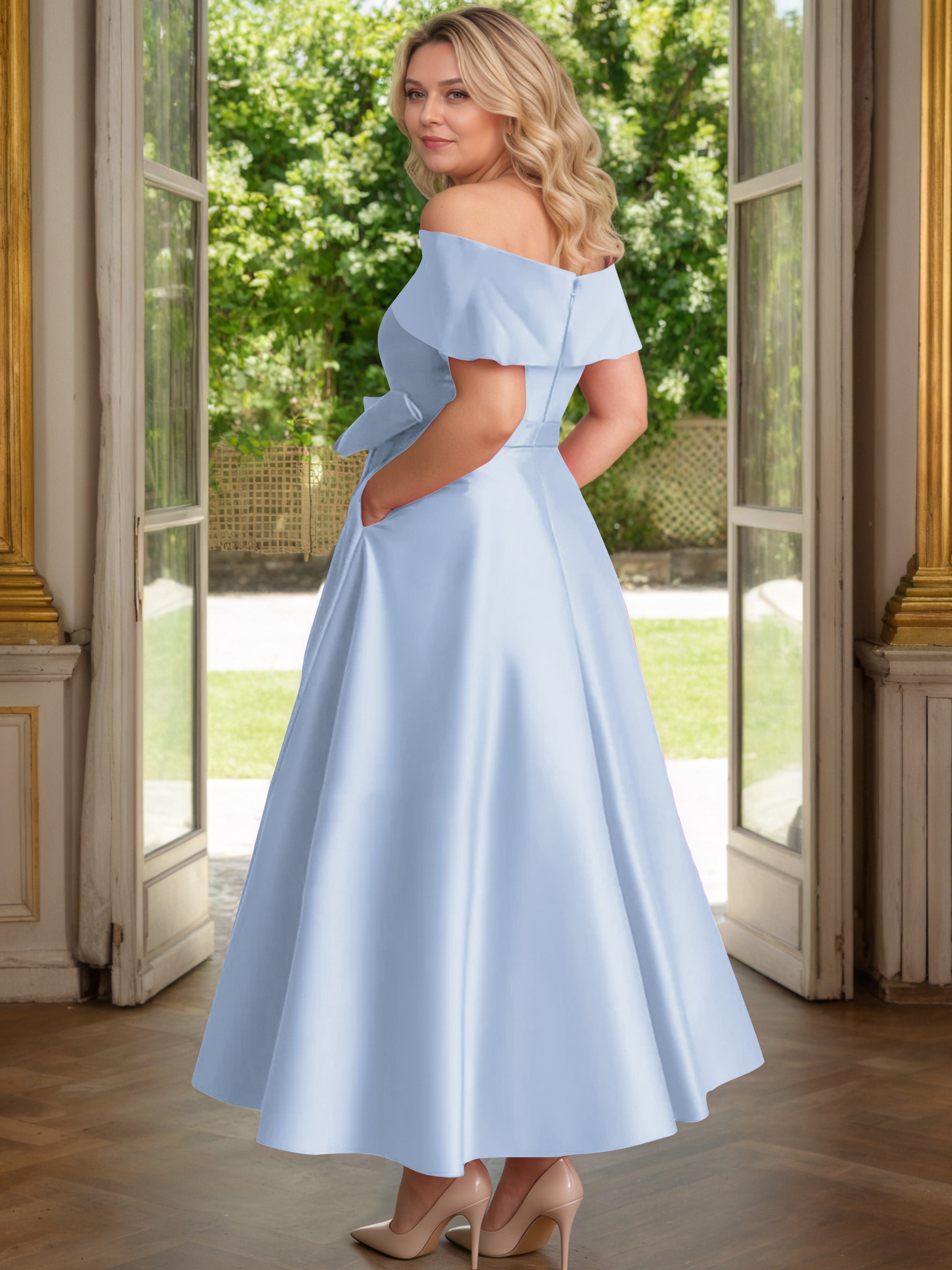 Cicinia Sky Blue Mother Of The Bride Dress Satin Off The Shoulder Ankle Length with Bowknot A-Line Plus Size