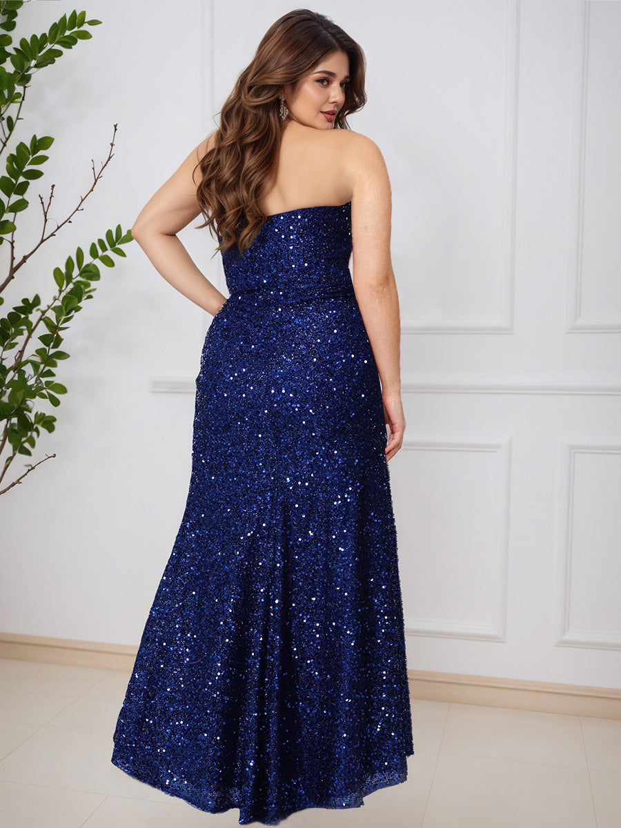 Cicinia Navy Blue Shiny Sweetheart Strapless Long Plus Size Prom Dress